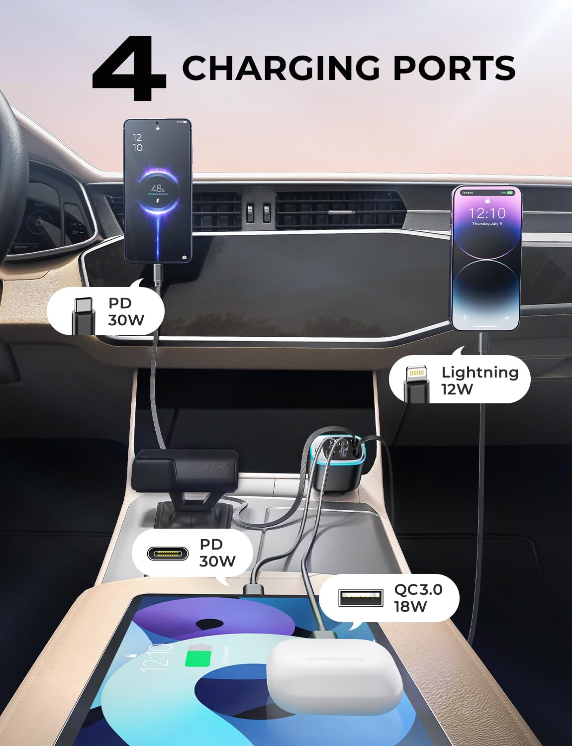 Super Rápido Retrátil Usb C Carregador de Carro Tipo C 4-em-1 Multi-Carregamento