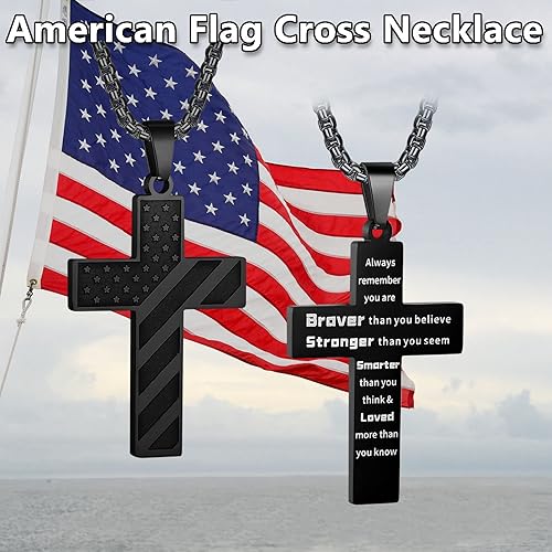 Miniatura 5 de Collar con cruz de bandera estadounidense para niños, cadena de caja de acero inoxidable de 22 + 2 pulgadas, colgante de cruz inspirador de