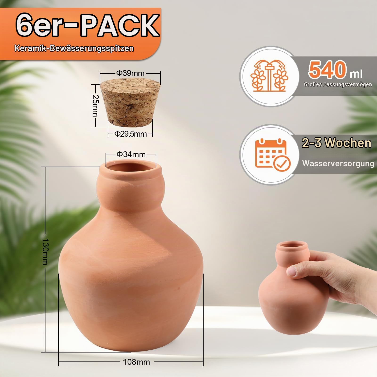 EXLECO 6pcs Ollas Bewässerung mit Deckel 540ml Terrakotta Bewässerungskugel | Tontöpfe Bewässerung, Tongefäßen Bewässerungssystem, Wasserspender Pflanzen Urlaub für Gewächshaus Garten Hochbeet Gemüsebeet