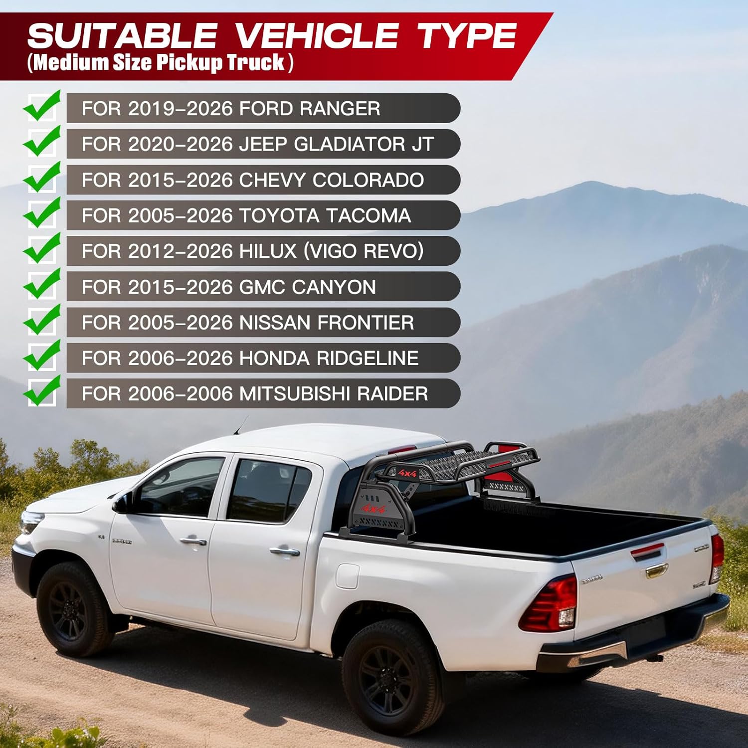 Roll Bar for Truck with Cargo Basket, Heavy Duty Chase Rack Fit for Mid-Size Pickups, Compatible with Tacoma, Colorado, Canyon, Ranger, Frontier, Gladiator, Universal Truck Bed Sport Bar Rack