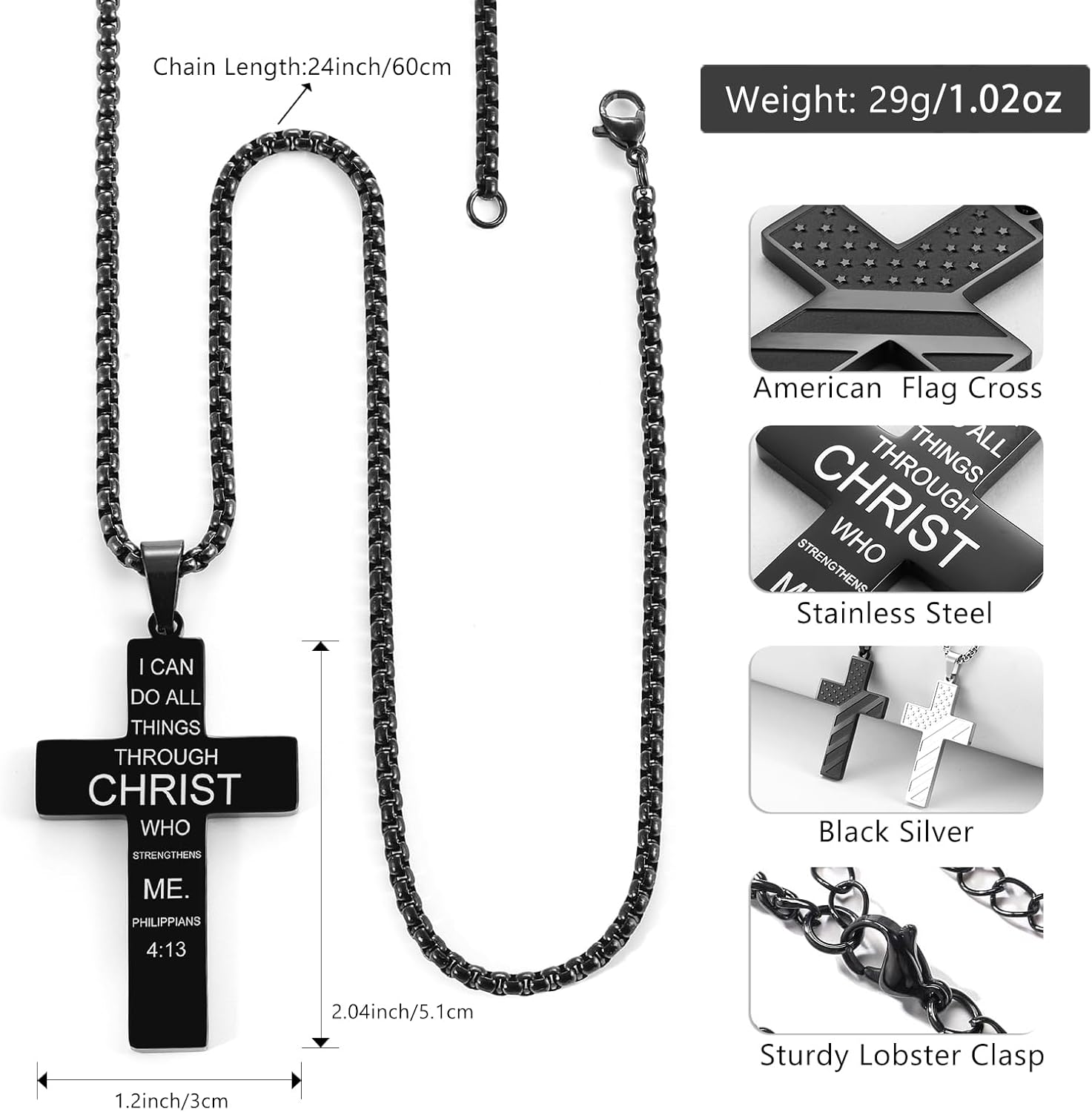RWQIAN American Flag Cross Necklace for Men Bible Verse, Christian Religious Scriptures Faith Baptism 1st First Communion Pendant Chain for Boys, Fathers Dad Day Graduation Jewelry Gifts for Him - Image 3