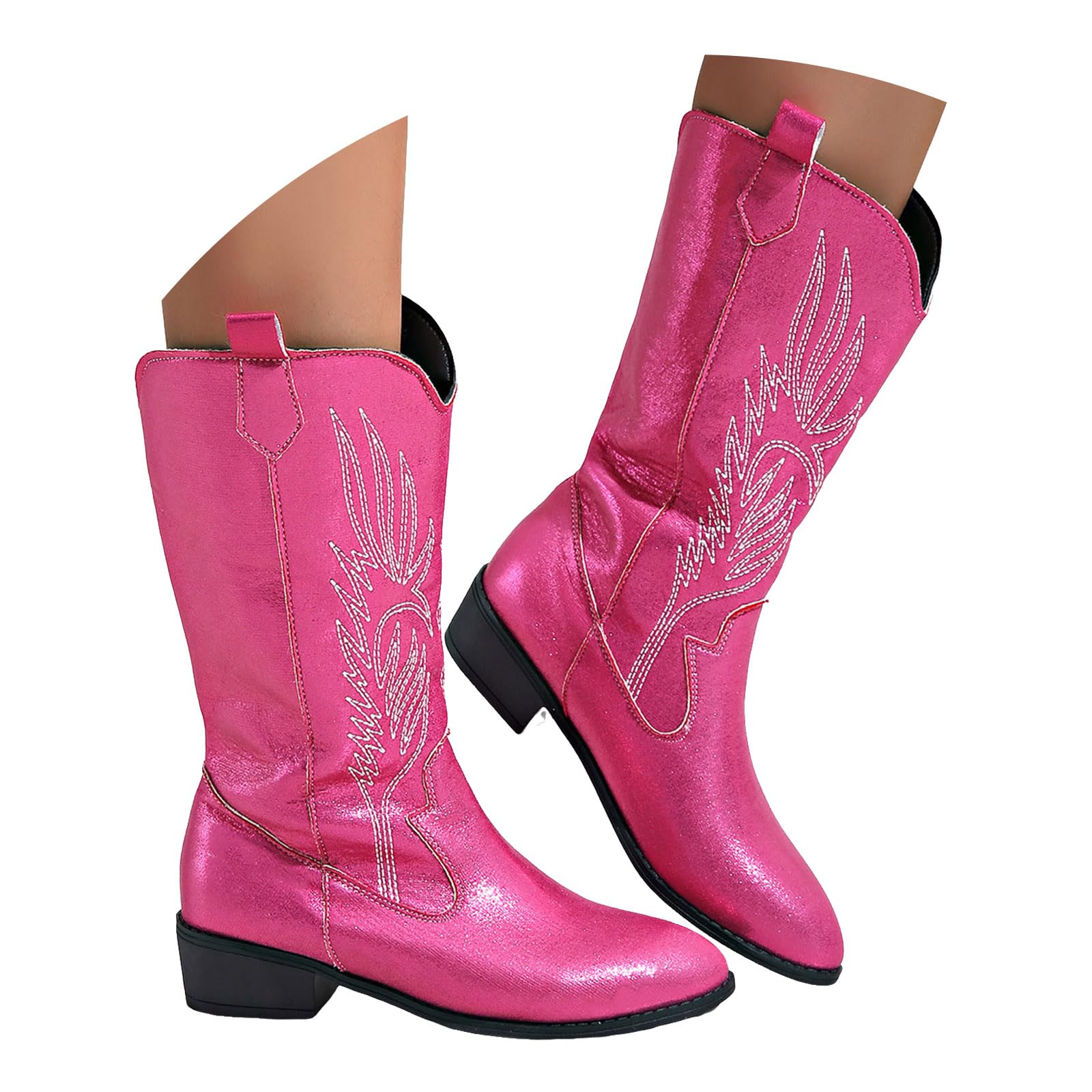 Cowboy Boots for Women Mid Calf Embroidered Western Pointed Toe Shiny Chunky Heel Pull On Tall Boot Fashion