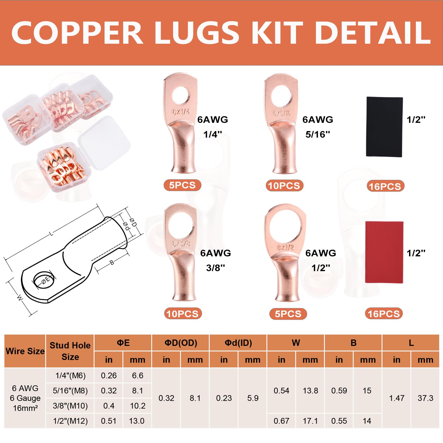 6 AWG Pure Copper Ring Terminal Kit (62 Pcs) - 30 Battery Lugs (1/4", 5/16", 3/8", 1/2") with 32 Heat Shrink Tubes for 6 Gauge Wire in Automotive, Solar, Inverter, Marine, RV Applications