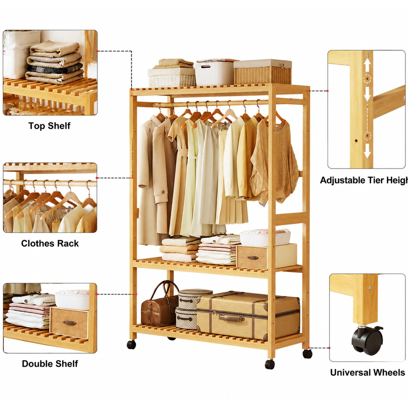 Perchero Burro de Bambú con Ruedas, Perchero de Pie con Barra para Colgar y Estantes Regulables, Organizador de Ropa Móvil para Dormitorio, Salón o Entrada, Largo 83/98 cm