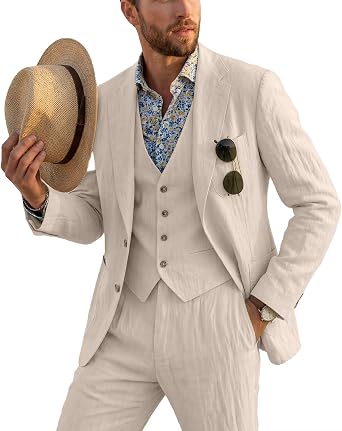 Linen Mens Suit 3 Piece Slim Fit Lightweight Linen Suits Sets Blazer Jackets Vest Pants Summer Casual Travel Tuxedo for Men