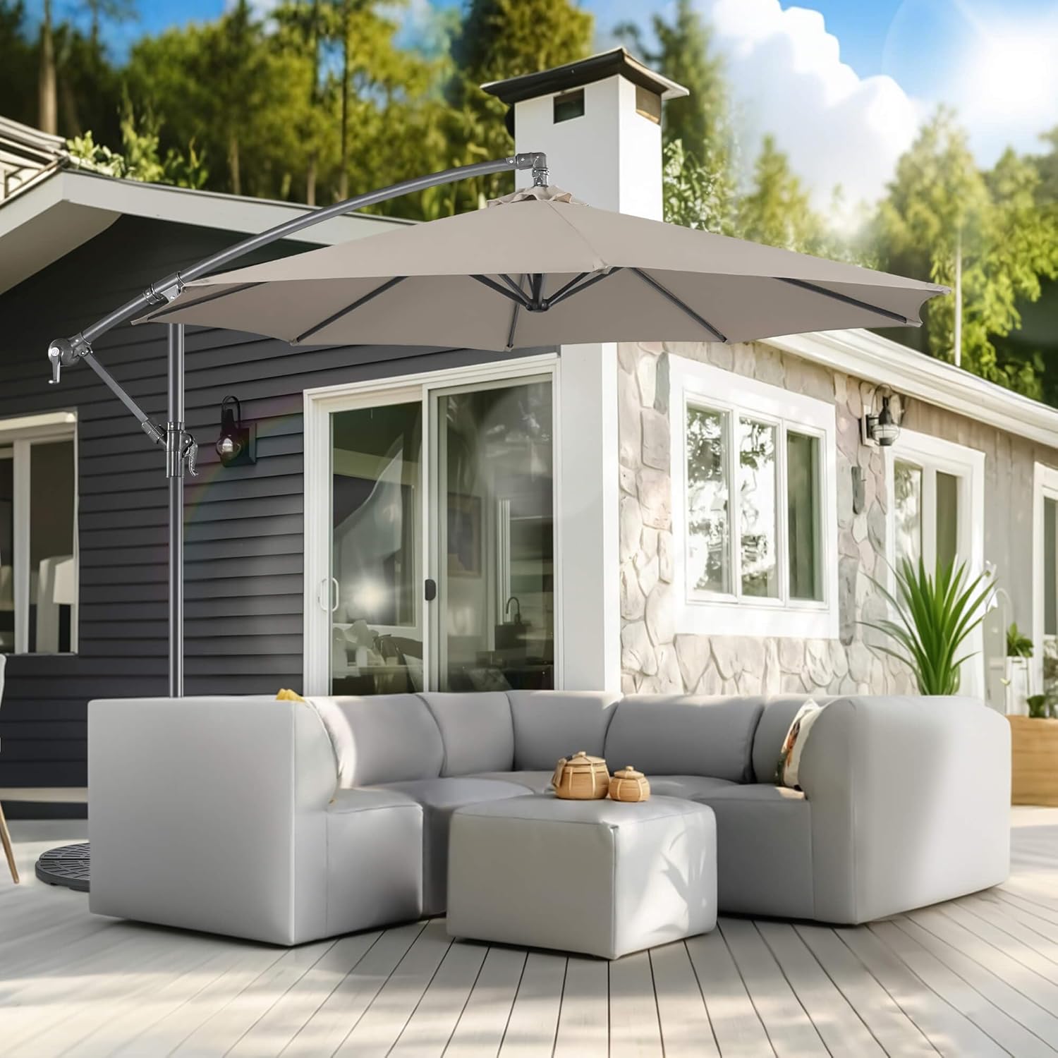 Offset Patio Umbrella Cantilever - 10 FT Cantilever Umbrella Outdoor with Crank and Cross Base, UV Protection Large Patio Umbrella for Garden, Deck, Backyard, Pool, Porch (Taupe)