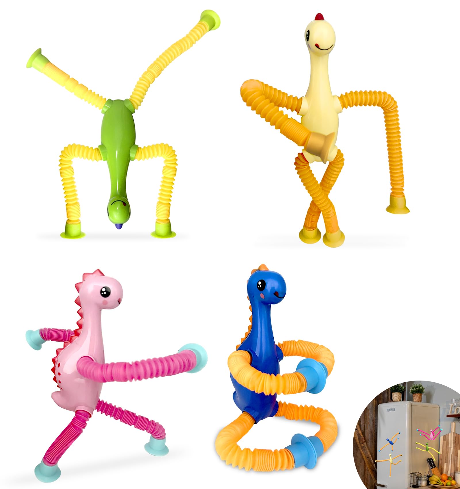 OptiPlay Fidget Toys, 4 PCS Telescopic Suction Cup Dinosaur Toy, Novel Funny Fidget