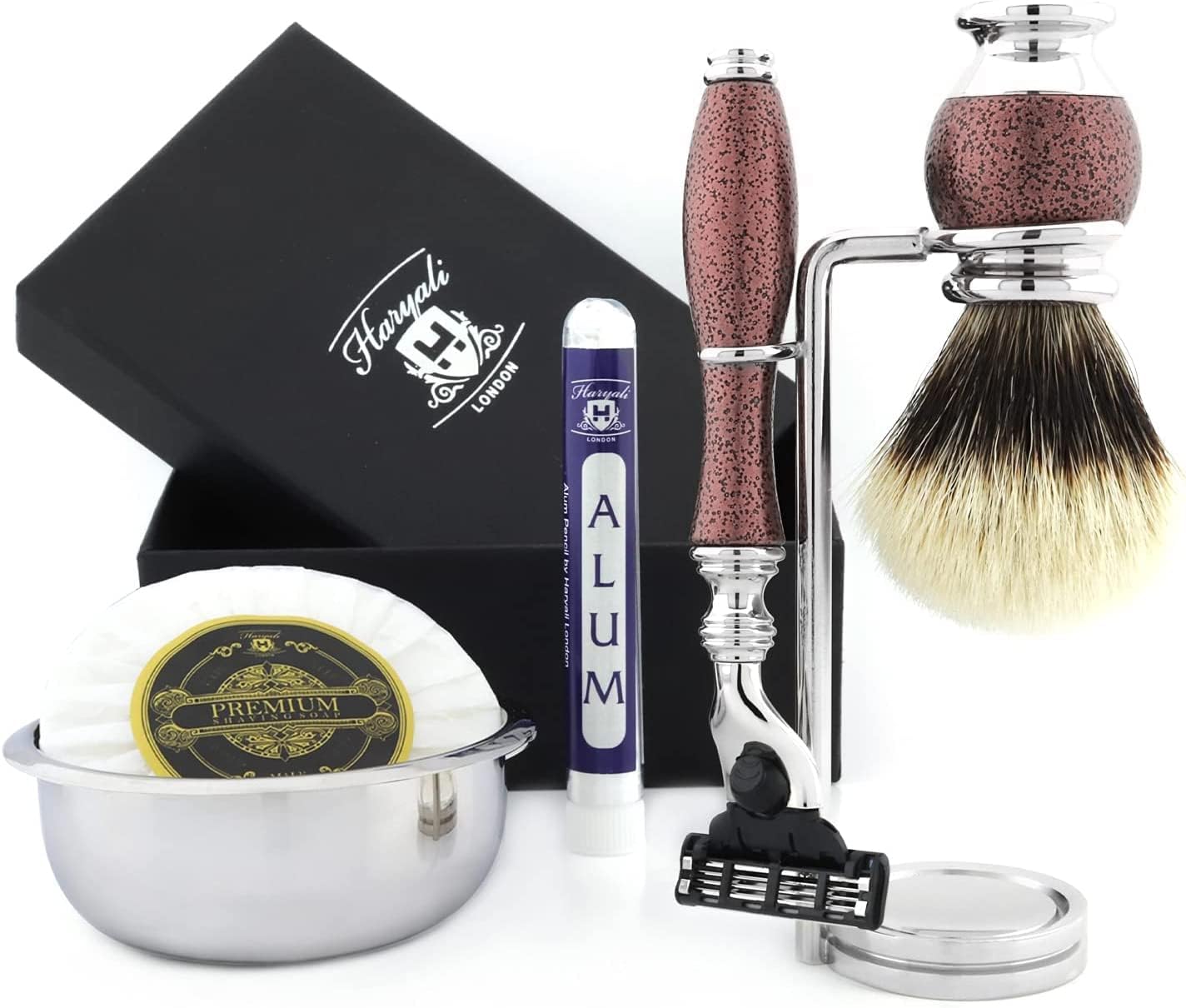 6Pc Mens Shaving Kit 3 Edge Razor With Black Badger Hair Shaving Brush, Stand, Soap, Bowl and Alum Perfect Set For Men