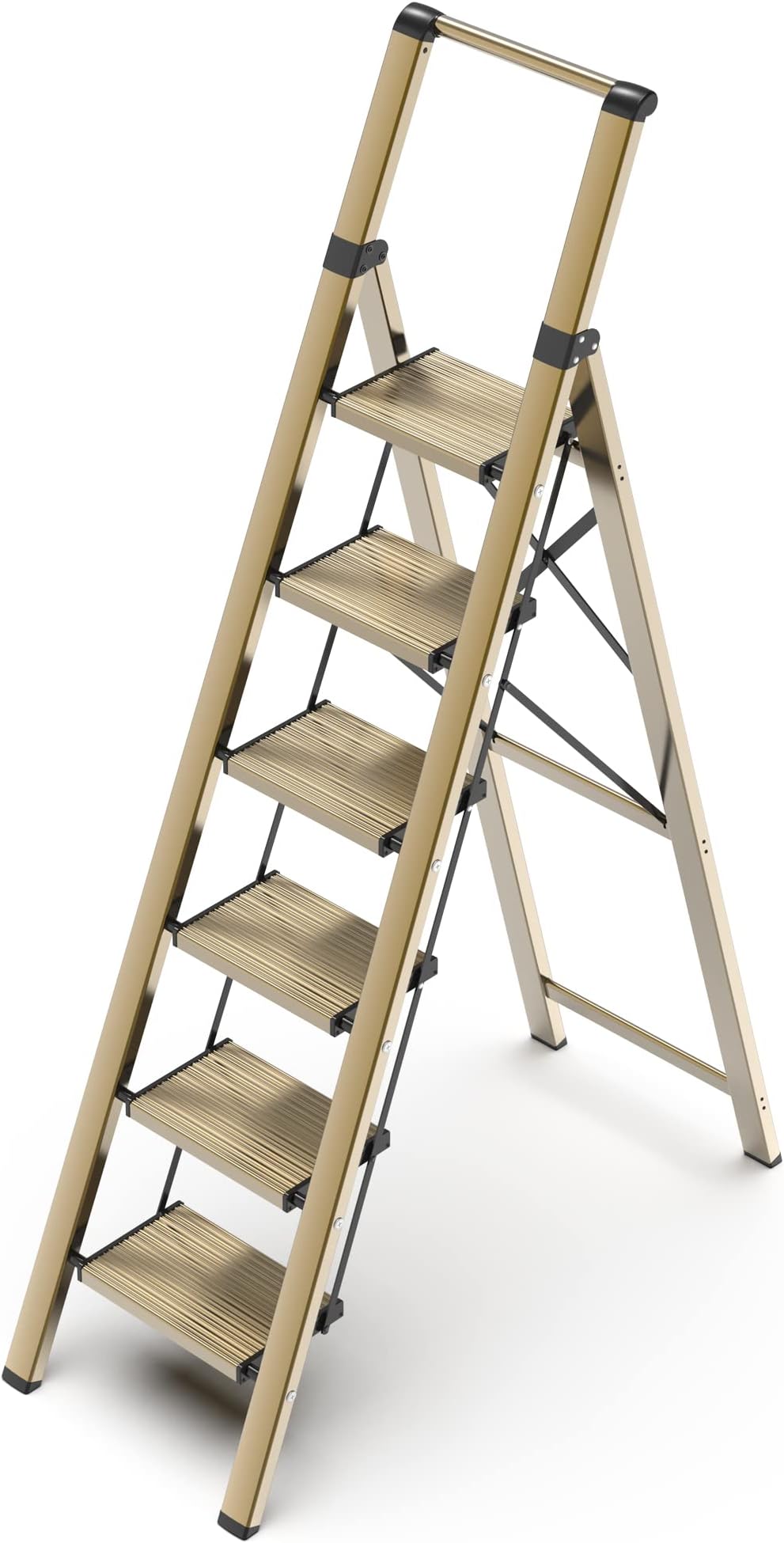 GameGem 6 Step Ladder for 12 Feet High Ceiling, Lightweight Aluminum Folding Step Stool with Convenient Handgrip, Stepladders with Anti-Slip and Wide Pedal for Home Use Space Saving - Gold