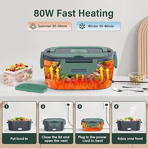 Miniatura 2 de Fiambrera eléctrica para adultos, calentador de alimentos portátil de 80 W, 12 V24 V110 V, lonchera térmica 3 en 1 para cochecamiónoficina, con