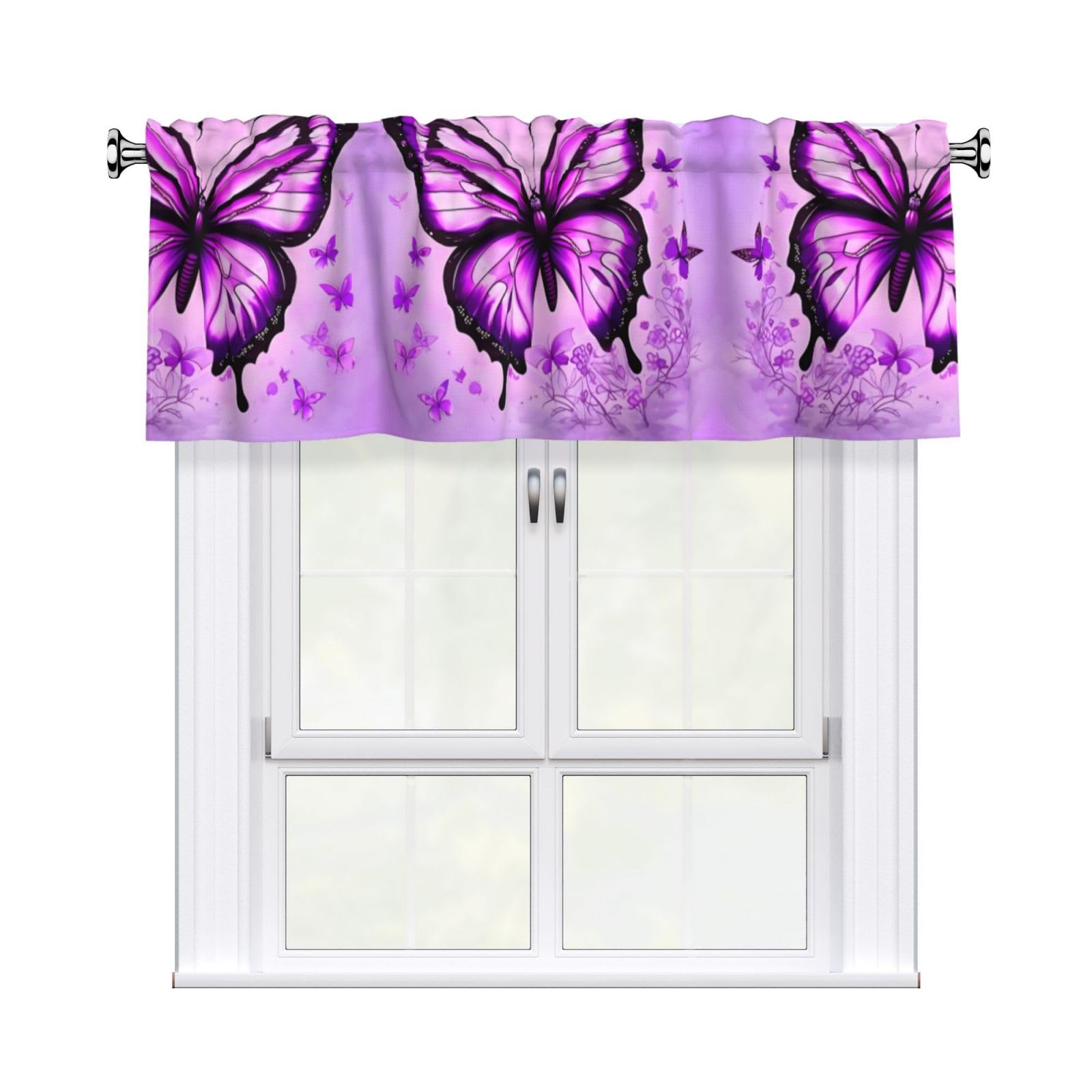 WHJSHOP Purple Butterfly Prints Curtain Valance 54x18in - Peach Skin Kitchen Window Layer, Filtered Light & Quick-Install Rod Pocket Cover