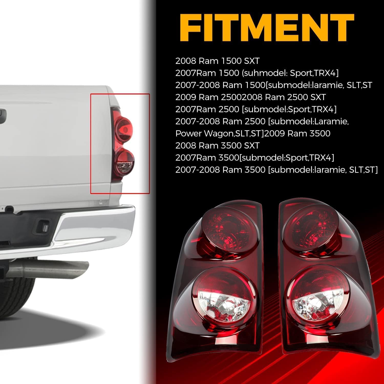ECOTRIC Tail Light Compatible with 2007-2009 Dodge Ram 1500 2500 3500 Pickup Truck Pair Taillight Signal Lamp Replacement for CH2800165,CH2801165 Smoke Red Left+Right 2pcs