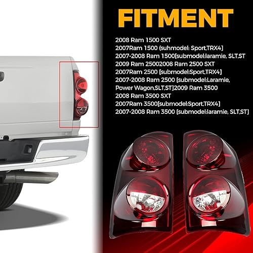 Miniatura 7 de ECOTRIC Luz trasera compatible con Dodge Ram 1500 2500 3500 2007-2009 Pickup Truck Par de luces traseras de repuesto para CH2800165, CH2801165 rojo