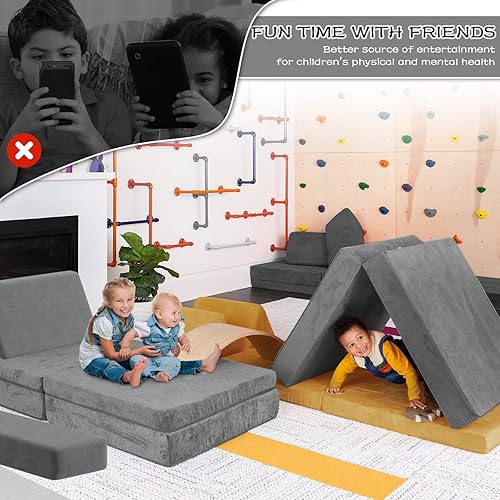 Miniatura 3 de Wanmwill Sofá infantil modular de 6 piezas, convertible plegable con cremalleras seguras, equipo de juego suave para niños y niños, futón para