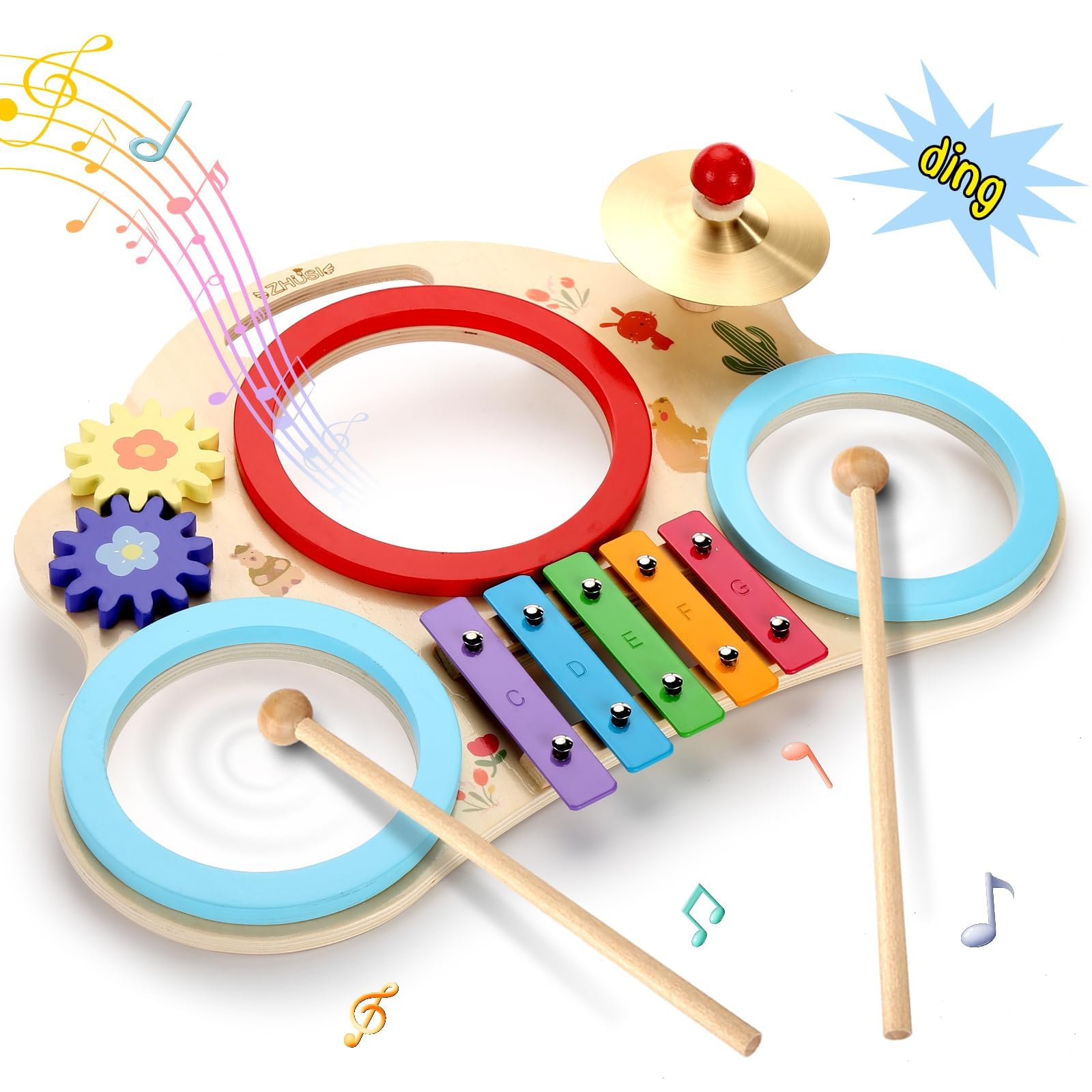 ZHUSI Kids Drum Set for Toddler 8 in 1 Montessori Musical Instruments, Portable Baby Musical Toys Wooden Percussion Instruments Months Birthday Gifts for Girls Boys