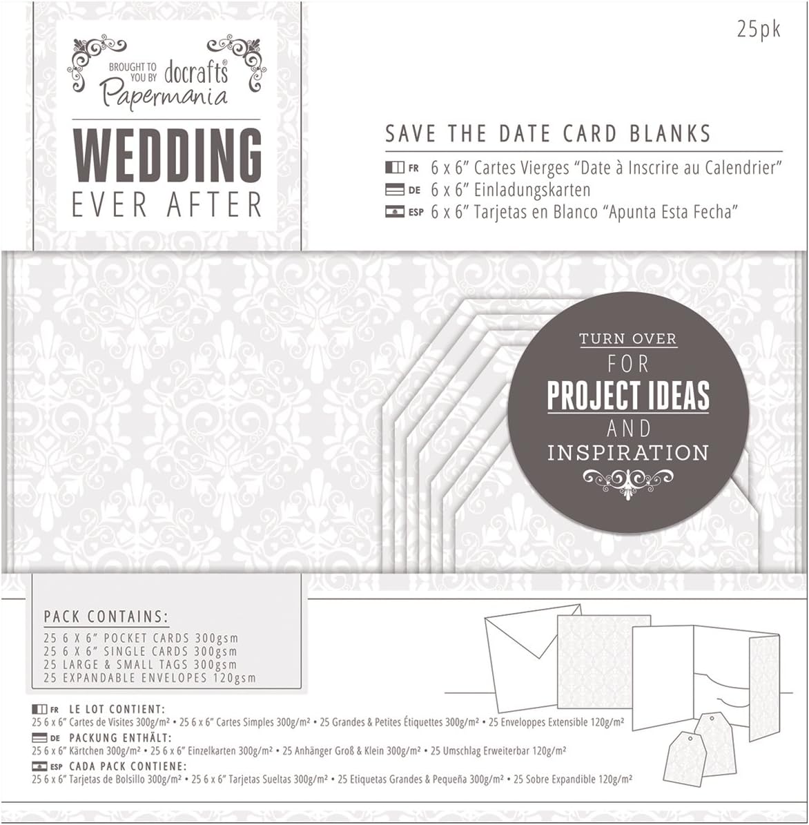 docrafts PMA158151 Papermania Ever After Wedding Blank Cards (25 Pack), Damask Screen Print, White