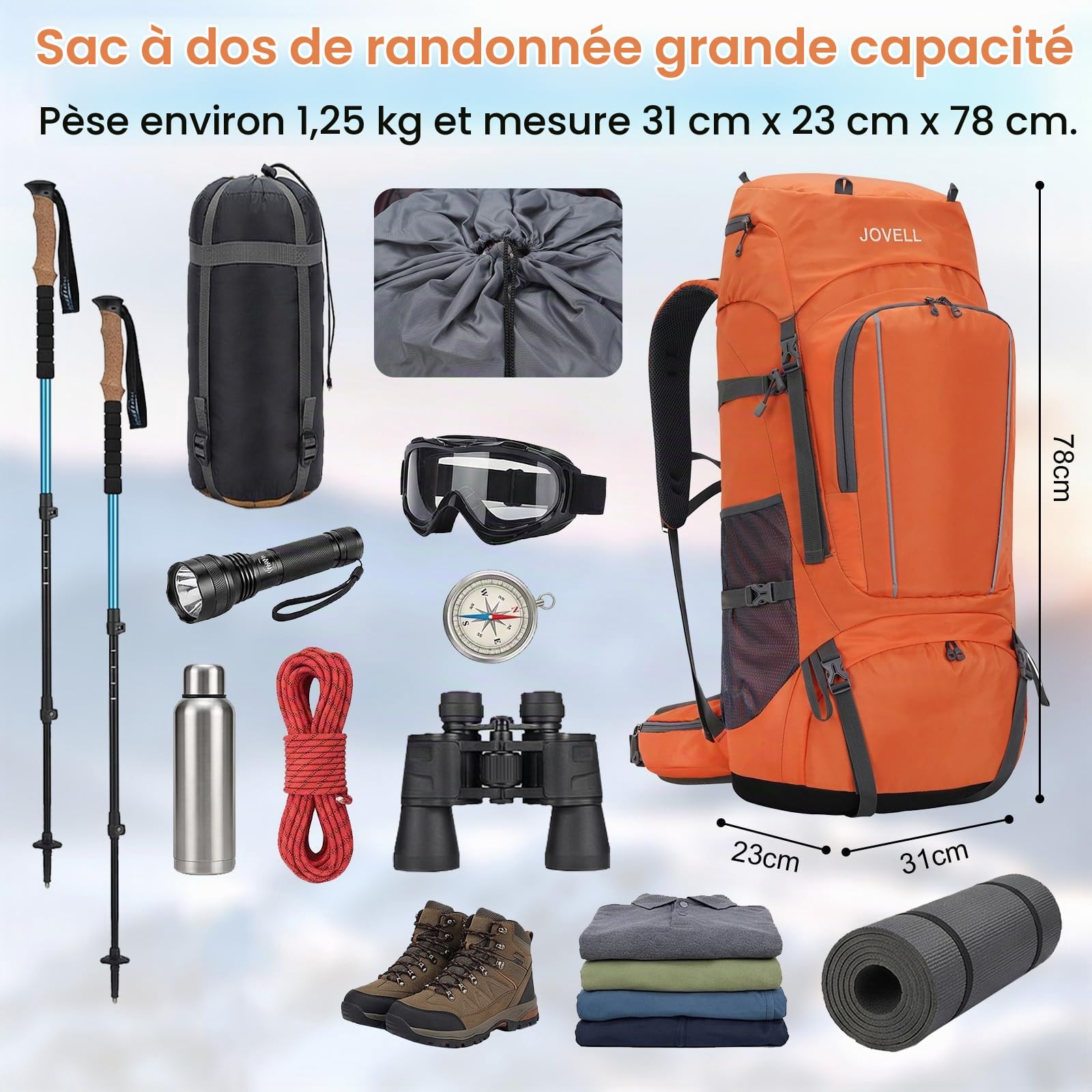 Sac à Dos de Randonnée 70L avec Couvre-pluie, Imperméable pour le Camping et le Voyage. Idéal pour les Sports Outdoor, l'Escalade, le Trekking et la Randonnée. Bagage Homme et Femme (Orange)