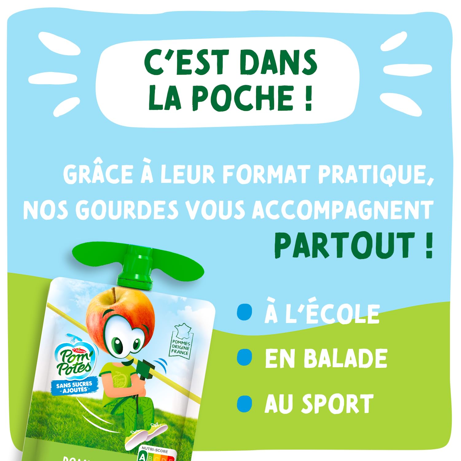 POM'POTES® Compote Gourde sans Sucres Ajoutés Pomme Nature 80x90g | Source De Fibres, Nutri-Score A, 3 Ans Et Plus
