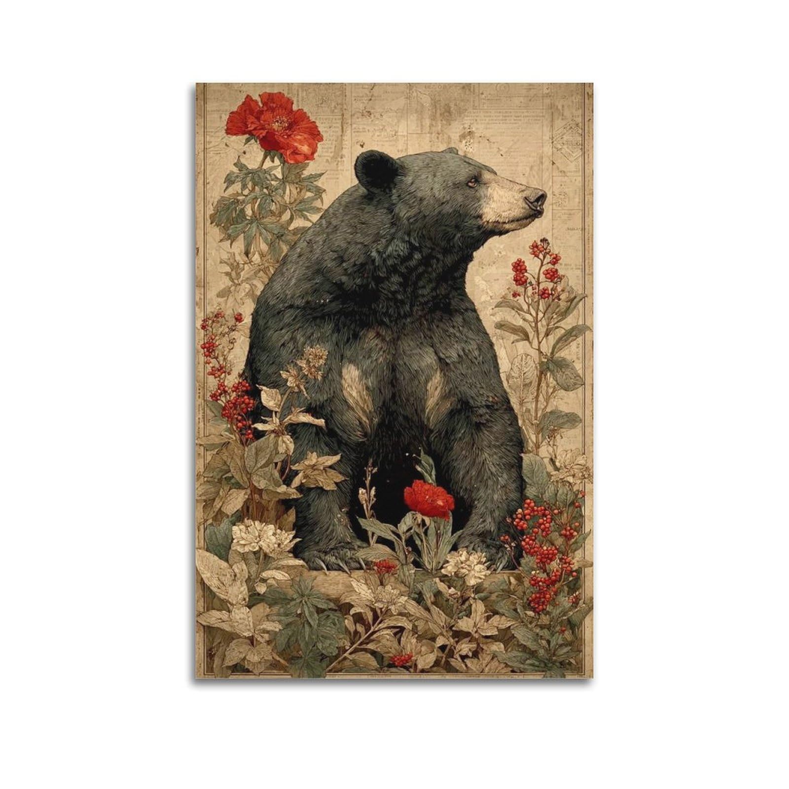 OKAHYS Vintage Black Bear Flowering Plants Artwork Poster Decorative Painting Canvas Wall Artworks Picture 20x30inch(50x75cm)