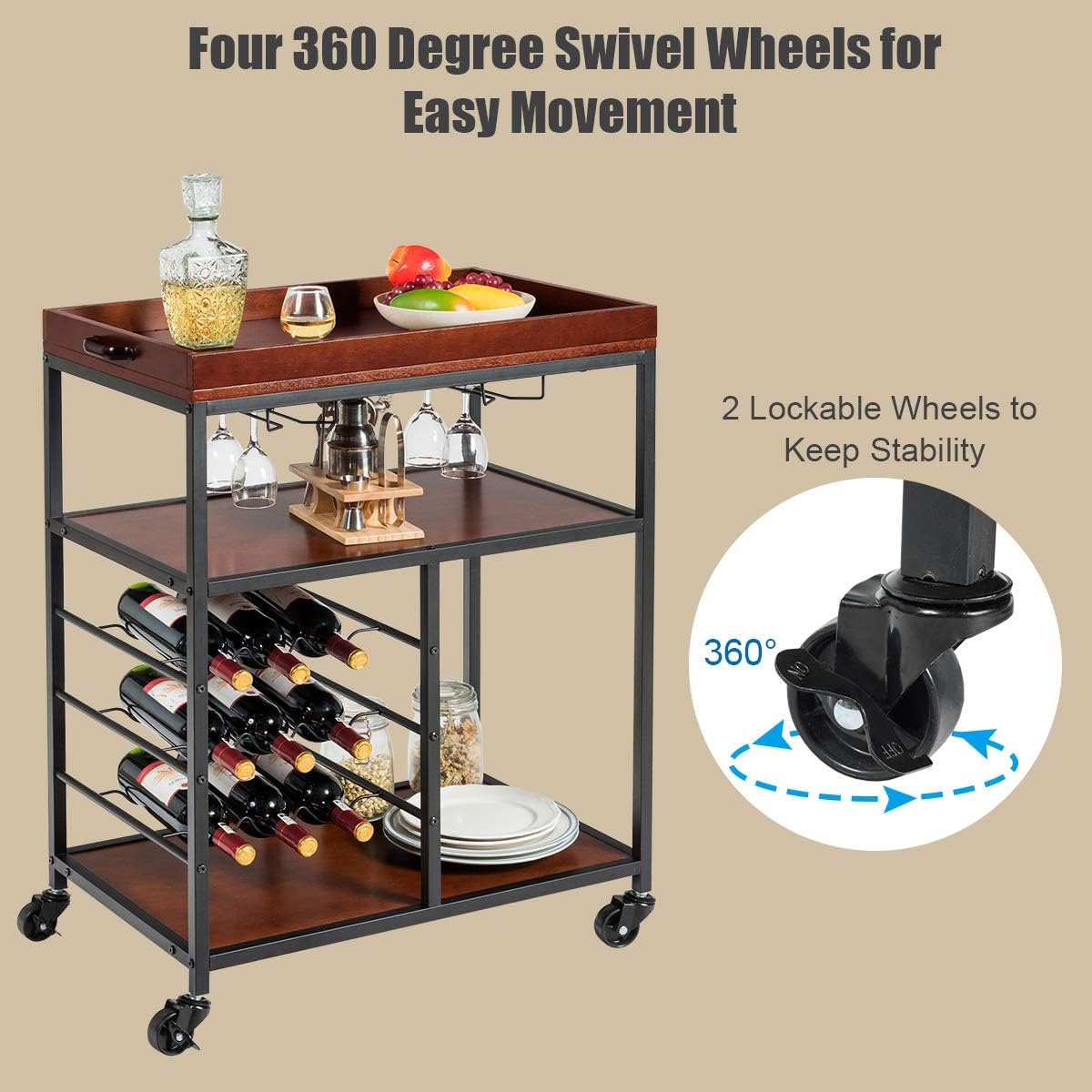 Giantex Kitchen Cart showing 360-degree swivel wheels and lockable casters