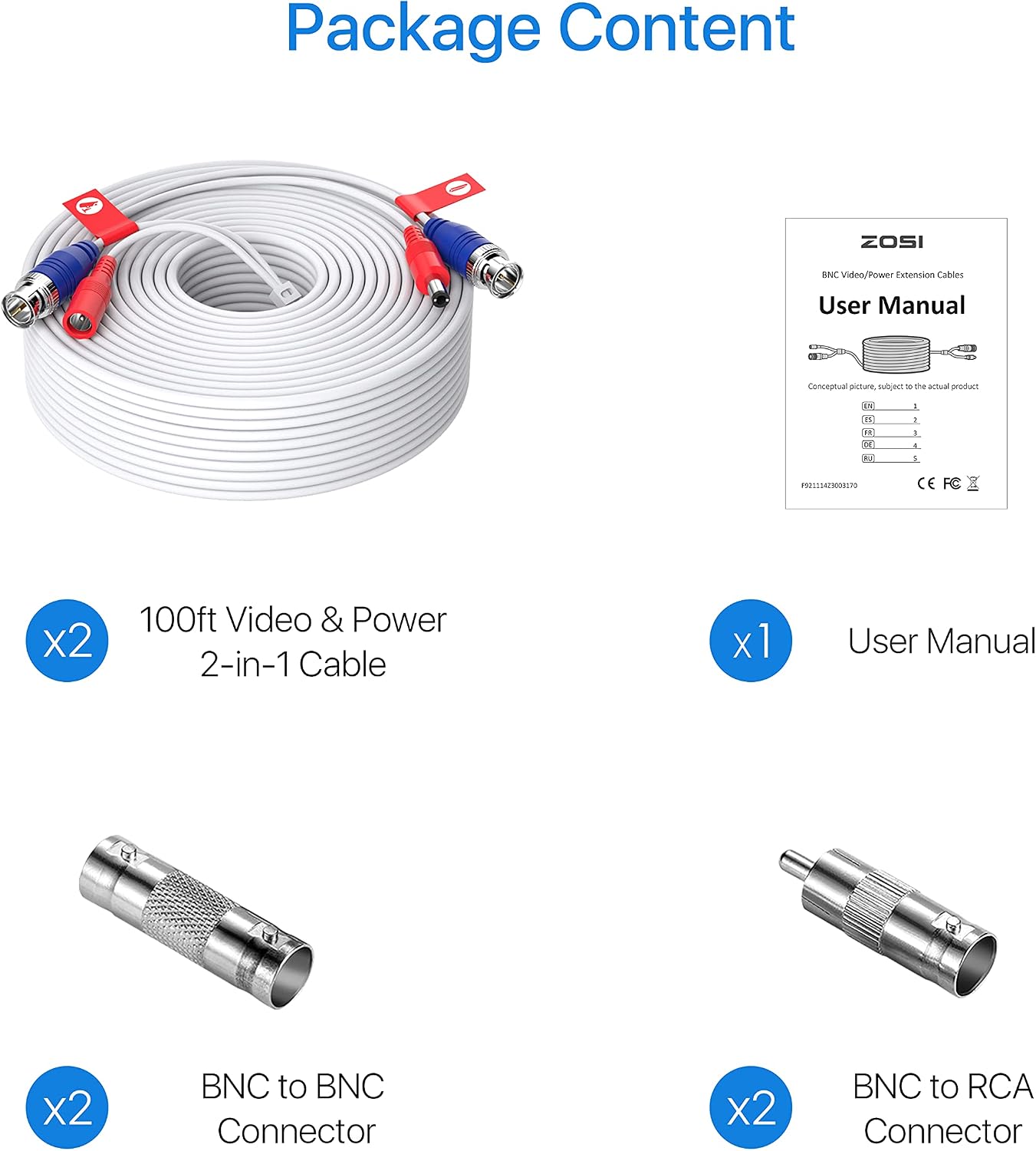 ZOSI 2 Pack 100ft (30 Meters) 2-in-1 Video Power Cable, BNC Extension Surveillance Camera Cables for Video Security Systems (Included 2X BNC Connectors and 2X RCA Adapters)-White Color