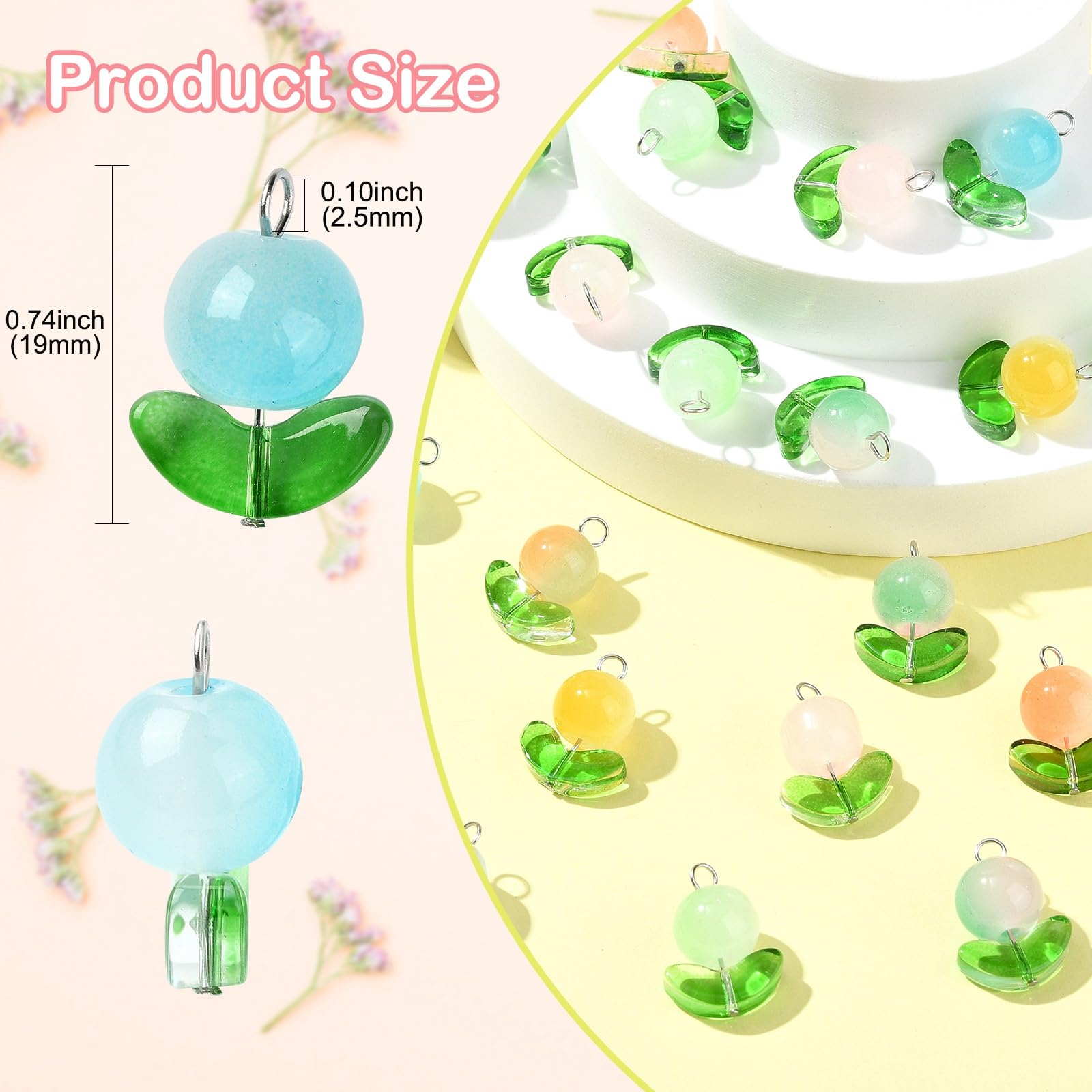 Stiesy 80Pcs 8 Colors Glass Flower Charms Pendants with Green Leaf Glass Beads Charm Imitation Jelly Round Bead Floral Plant Charms for DIY Jewellery Crafts Bracelet Necklace Earrings Making - Image 2