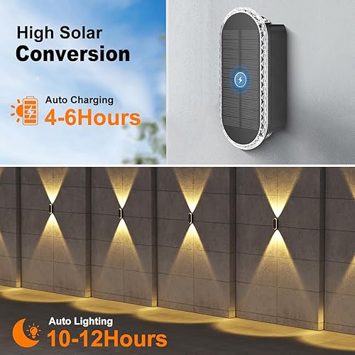 Miniatura 4 de Ellasay Paquete de 8 luces solares para vallas, luces solares LED de pared con enfoque hacia arriba y hacia abajo, luces solares impermeables IP67