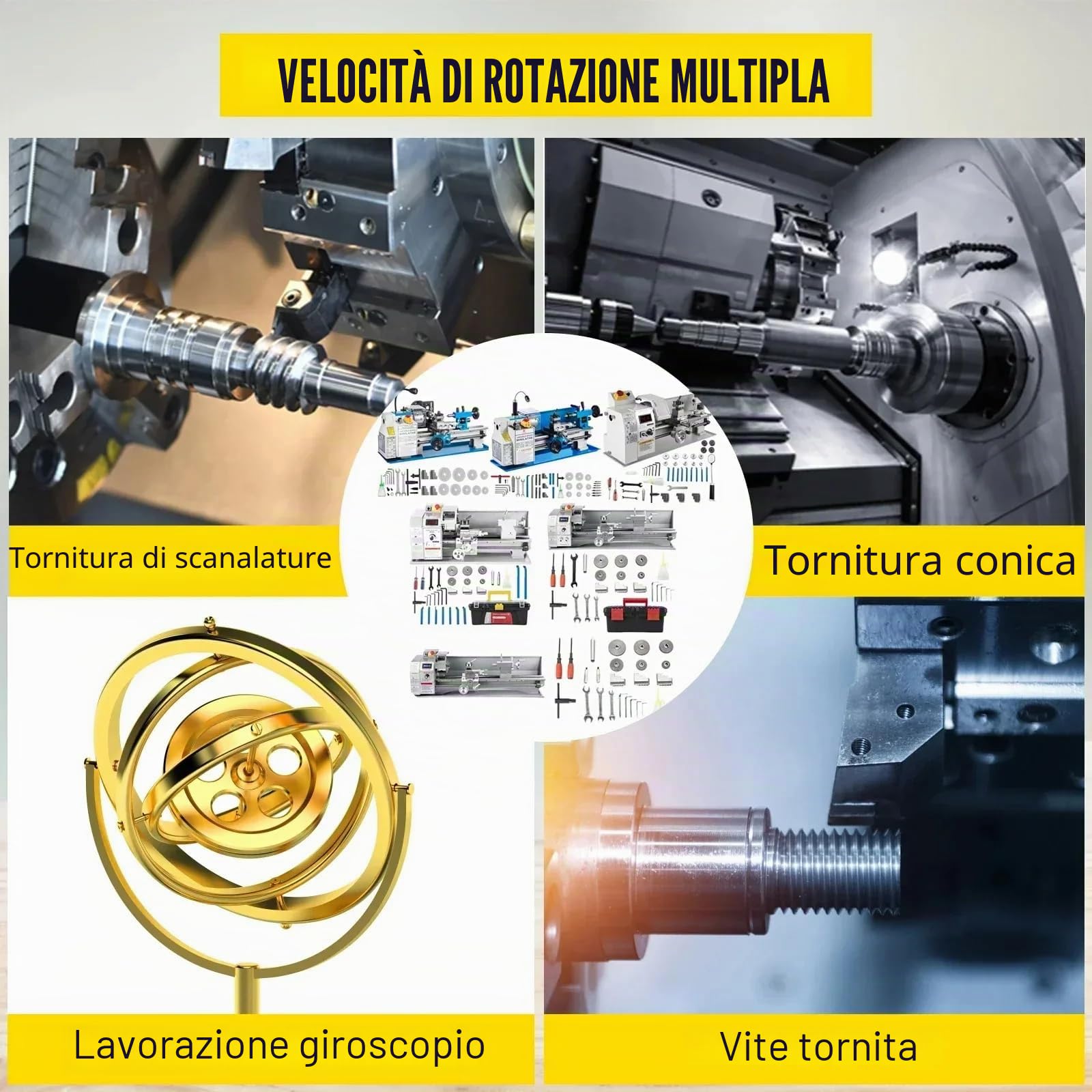 750 W Mini tornio in metallo 200 x 600 mm ad alta precisione tornio parallelo con mandrino a 3 ganasce e velocità del mandrino 50-3000 giri/min per filettatura tornitura foratura