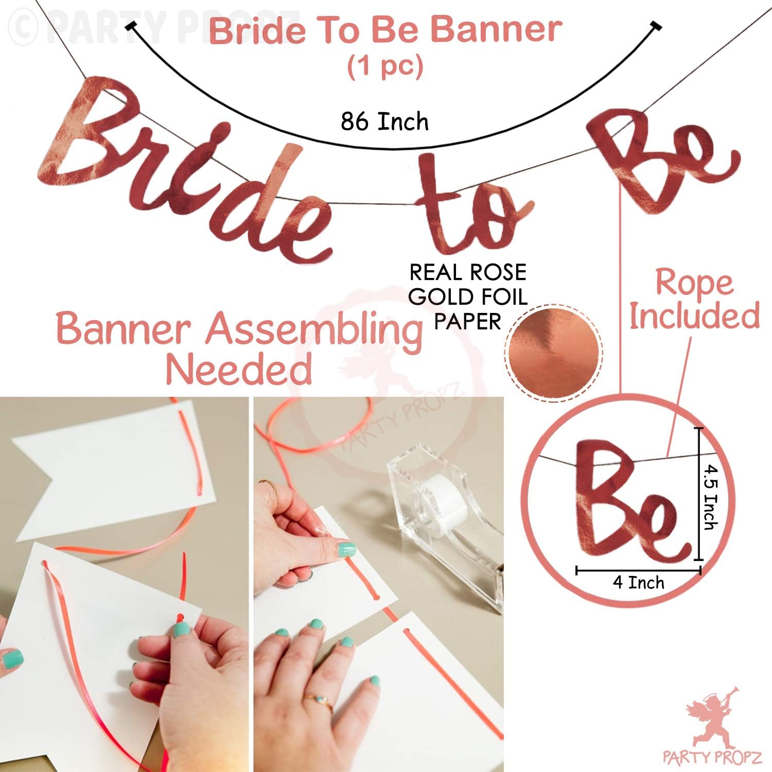 Rose Gold Girls Tassel Banner and Foil, Set of 24 Pcs