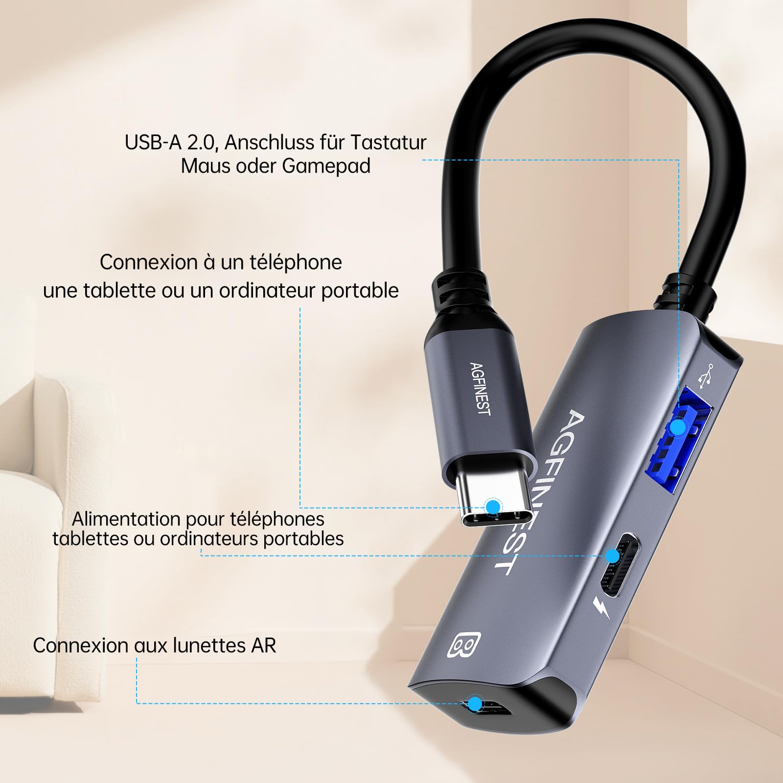 USB C zu AR-Brille mit Ladeadapter, Type C zu Monitor und Lade-Konverter 100W PD, 4K@60Hz Kompatibel für iPhone 15/16 Viture/Rokid/Xreal AR-Brille (USB2.0+USB C)