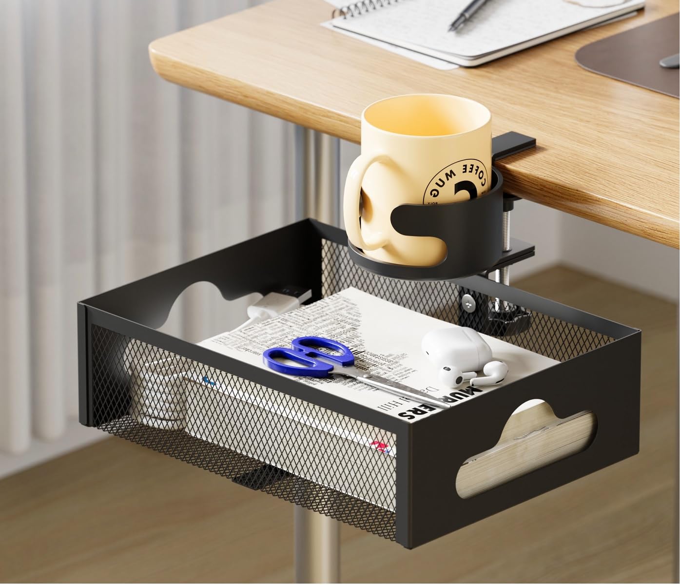 lomonmen Schublade Unter Schreibtisch,Untertisch Schublade mit Getränkehalter und Kabellöchern,360° Drehbar Schreibtisch Organizer, Unterbauschublade für Zuhause und Büro