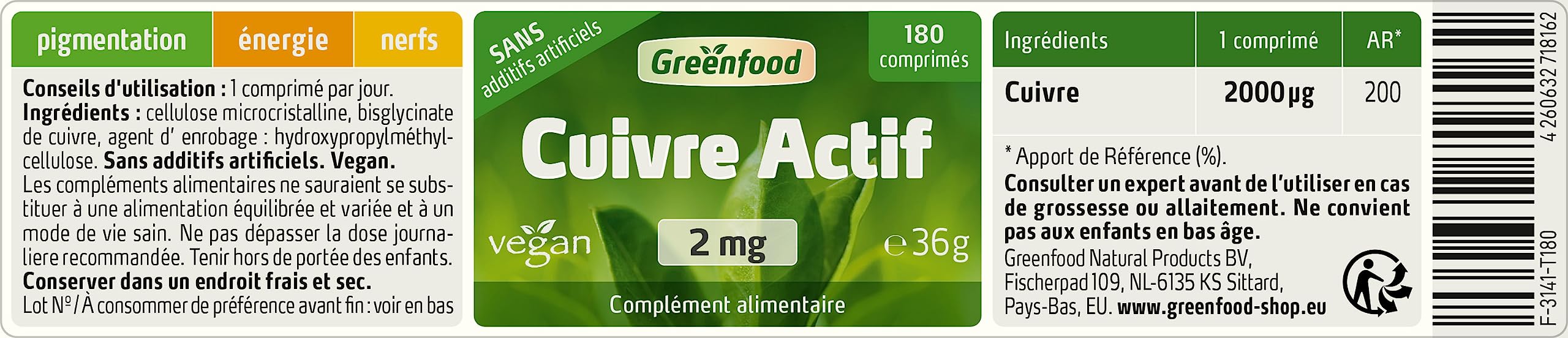 Greenfood Cuivre actif, 2 mg, dose élevée, comprimés, vegan - SANS additifs artificiels. Sans organisme génétiquement modifié.