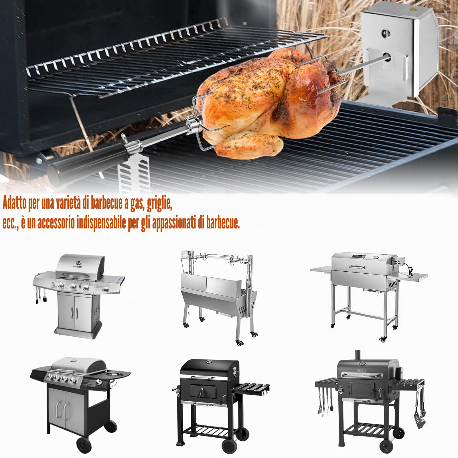 UISEBRT Girarrosto Elettrico per Barbecue 107 cm - Spiedo per Girarrosto in Acciaio Inox con motore 220-240V, inclusi 2X aghi carne