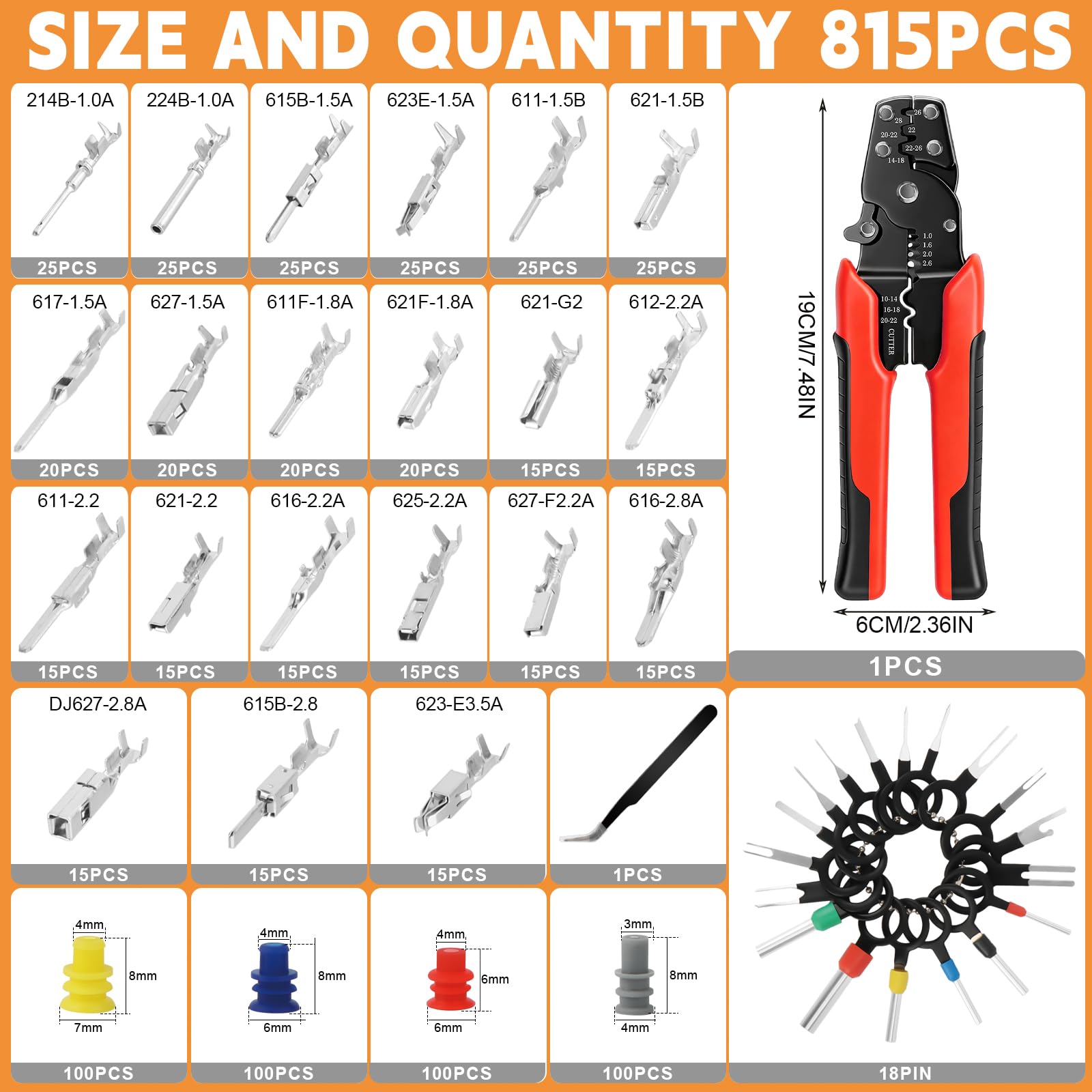 Kit connecteurs auto 833 pièces avec pince à sertir, outils de démontage garniture, extracteurs de relais/fusibles, cosses et bouchons étanches pour voiture, moto, bateau