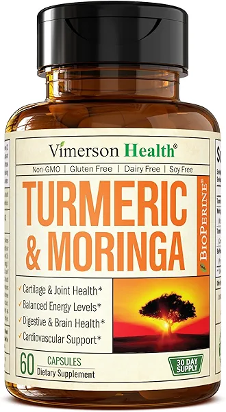 Moringa + Turmeric Curcumin Supplement for Joint Health, Gut Health, Energy and Immune Support - Total Wellness Formula - Tumeric Curcumin with Black Pepper & Moringa Pure Capsules - 60 Count