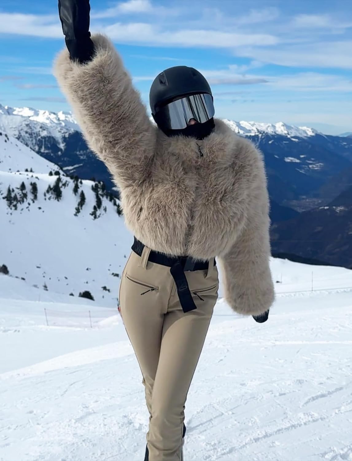 GSOU SNOW Women Ski Suit One Piece Snowsuit Snowboard Faux Fur Collar Slim Jumpsuit Jacket Insulated Windproof Outdoor Winter
