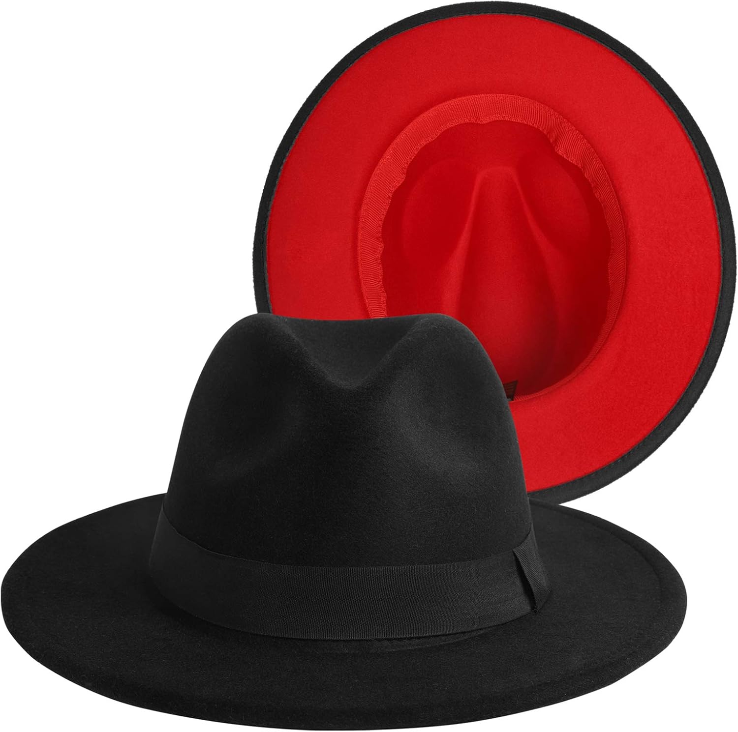 EXTREE Men & Women Wide Brim Wool Felt Fedora Hat with Belt Buckle Two Tone Patchwork Unisex Floppy Panama Hat Cowboy Cap Sunhat Black-red