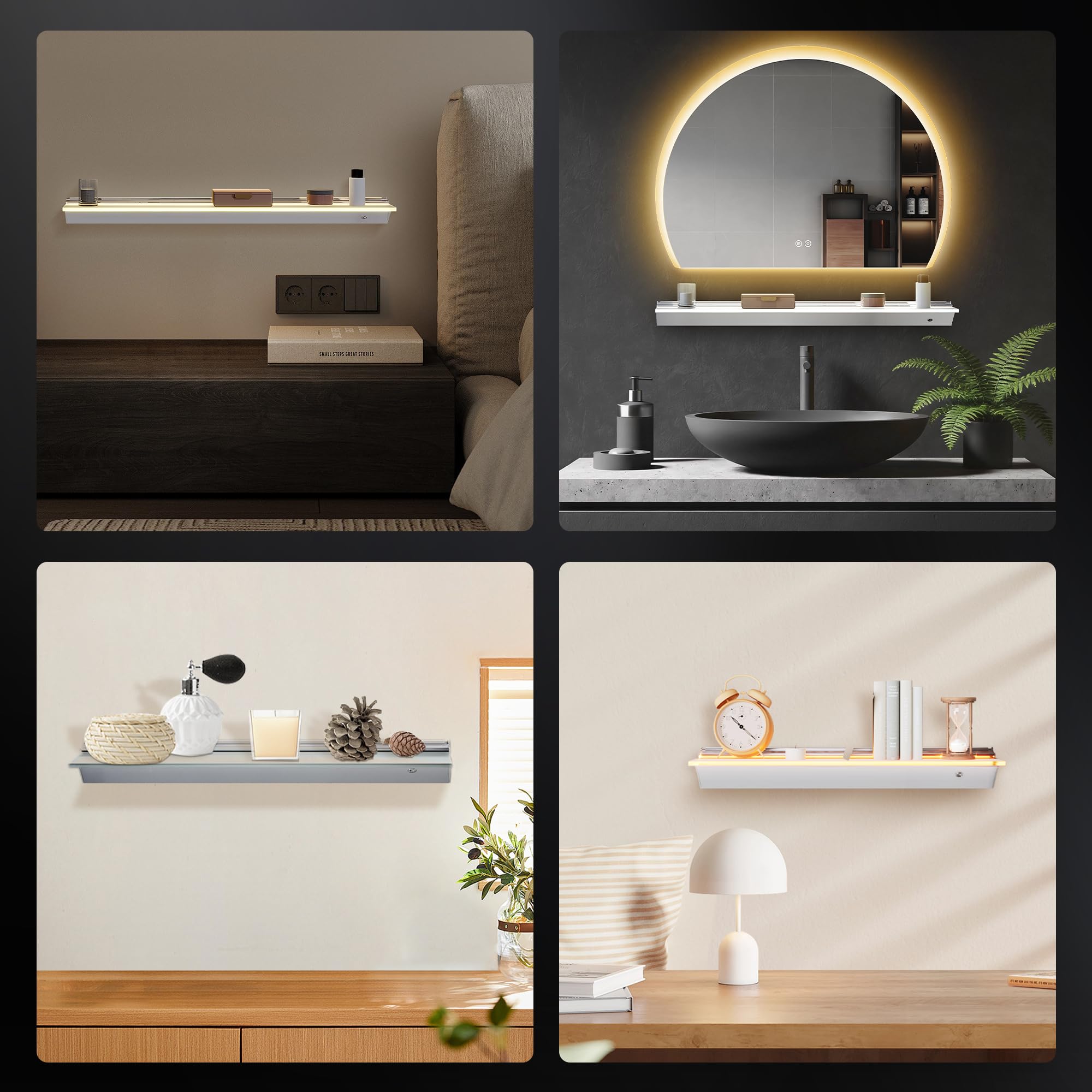 SONNI Regał ścienny LED, 80 cm, ze sterowaniem czujnikiem, 3 temperatury barwowe, bezstopniowe ściemnianie, 8 mm, hartowane szkło matowe i aluminium, do łazienki, sypialni, salonu