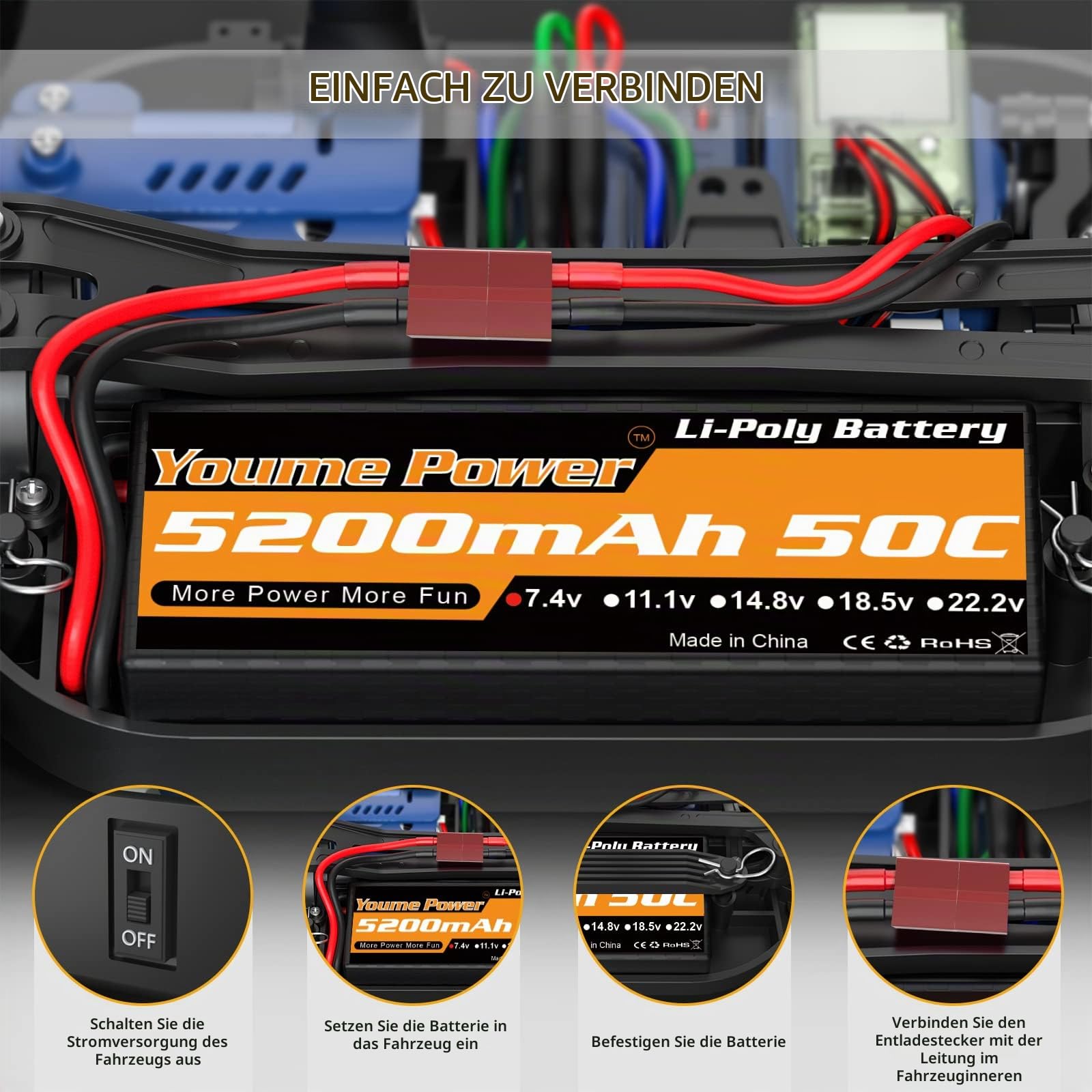 Youme 2S LiPo Akku 7,4V 5200mAh 50C Hardcase T for RC Auto LKW Boot 2Stück | RC Akku 2S 5200mAh Kompatibel mit HPI 1/8 1/10 RC Car Truck Boote, 2 Packungen, Hohe Entladrate, Robustes Hartschalenkoffer