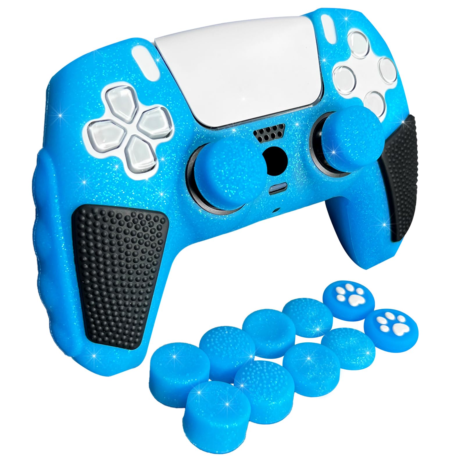 Glow in The Dark PS5 Controller Skin, Glitter Blau Anti-Slip Soft Thicked Spiked Silicone Cover Skins Kompatibel mit PS5 Controller, inklusive 8 PCS Glitter Glow Thumb Grips und 2 Grips Caps.