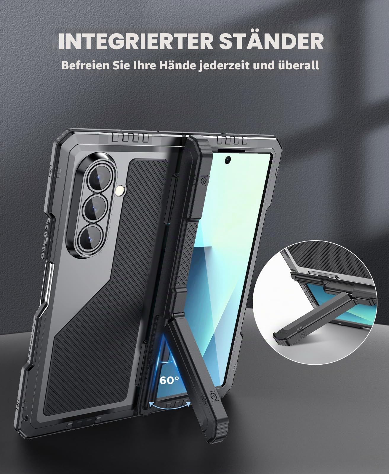 Beeasy für Samsung Galaxy Z Fold 7 Hülle, Outdoor Stoßfeste 360 Grad Schutzhülle mit Scharnierschutz & Ständer, Robuste Heavy Duty Metall Panzerhülle Case mit Displayschutz, Schwarz