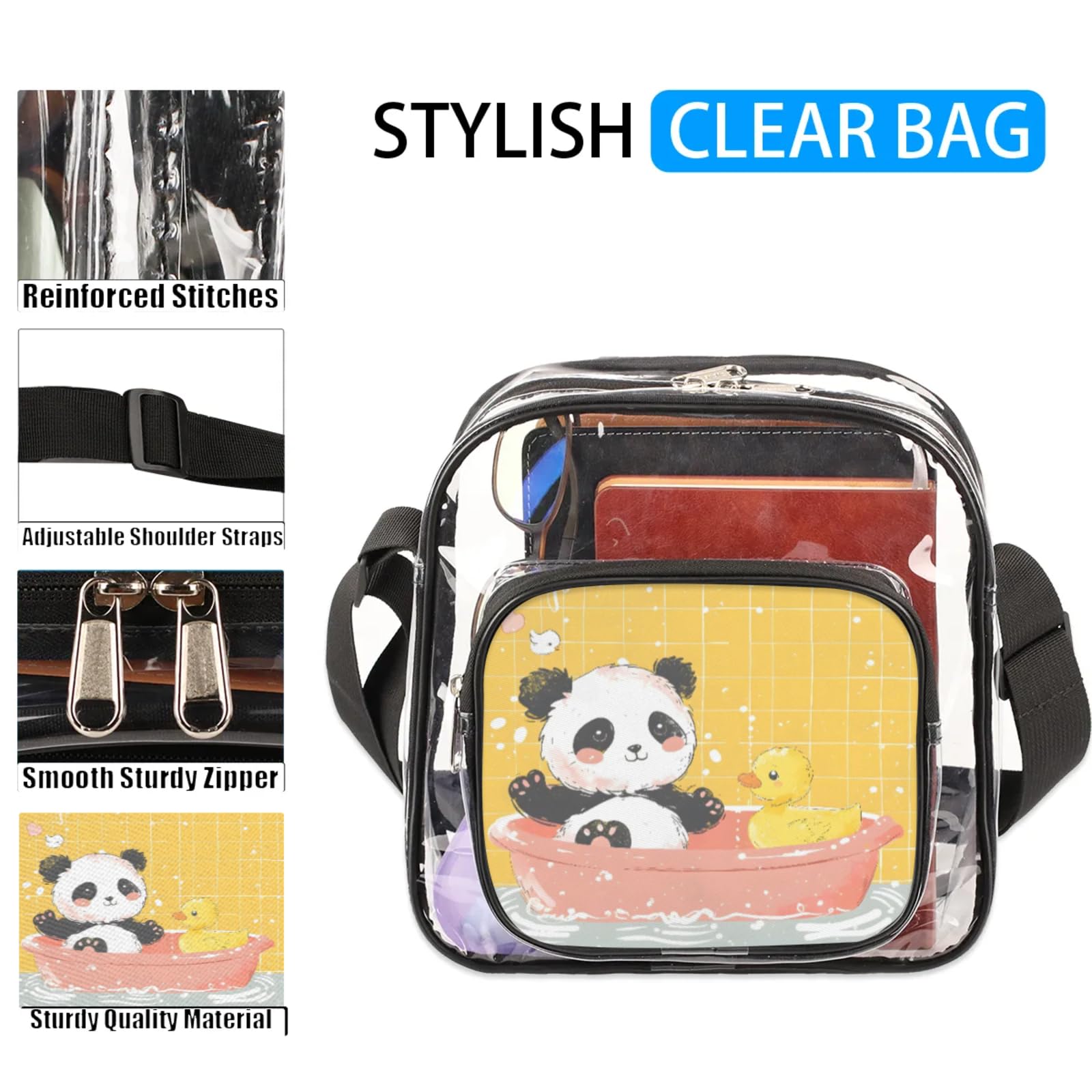 Clear Crossbody Bag Stadium Approved Panda Duck Bathe Transparent Bag for Festivals, Sports Events, Concerts,Beach Bag for Women Men Clear Purse with Front Pocket Messenger Bag with Adjustable Strap