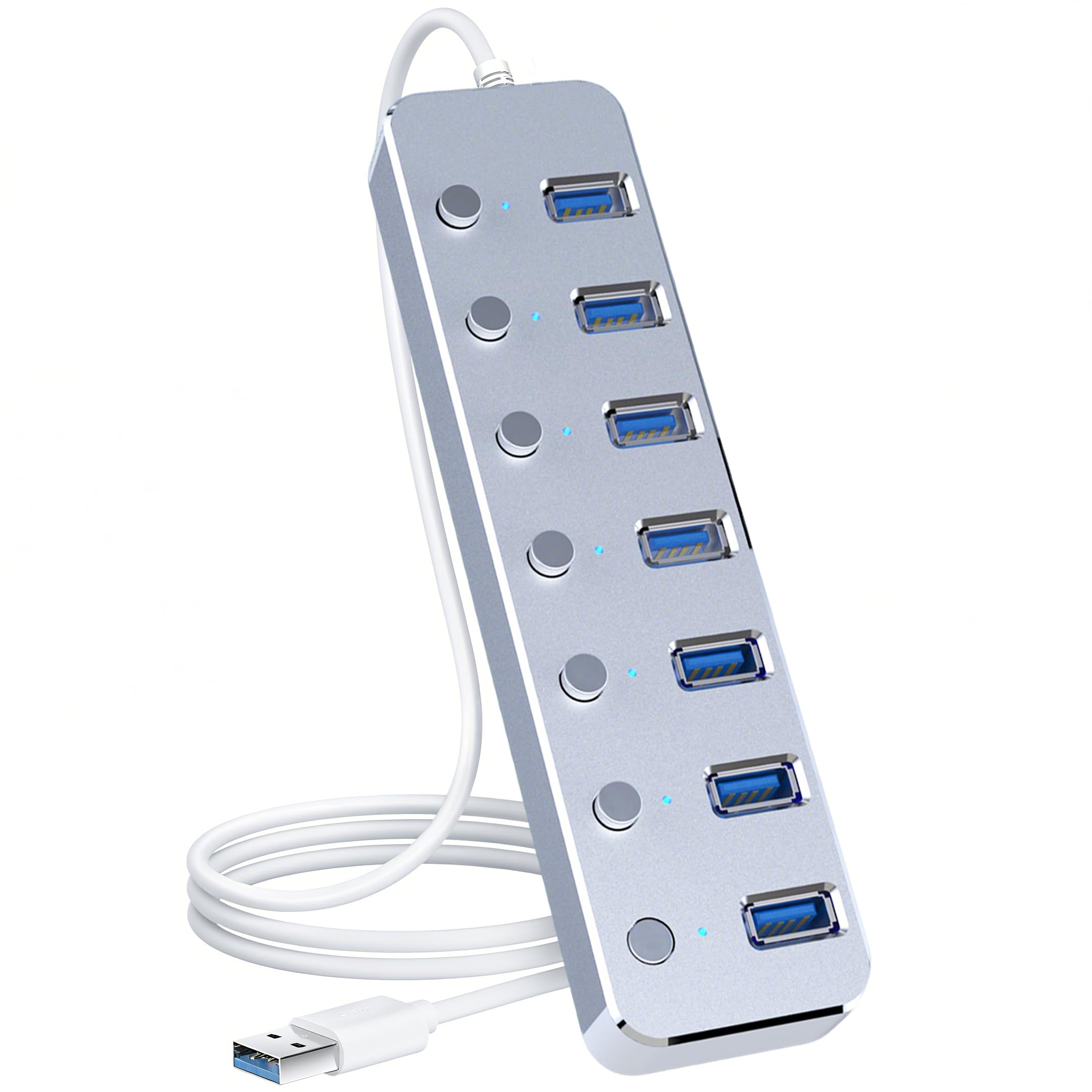 Hub USB 3.0 à 7 ports avec câble de 0,6 m de long en aluminium pour ordinateur portable et PC avec interrupteur marche/arrêt individuel et indicateur LED