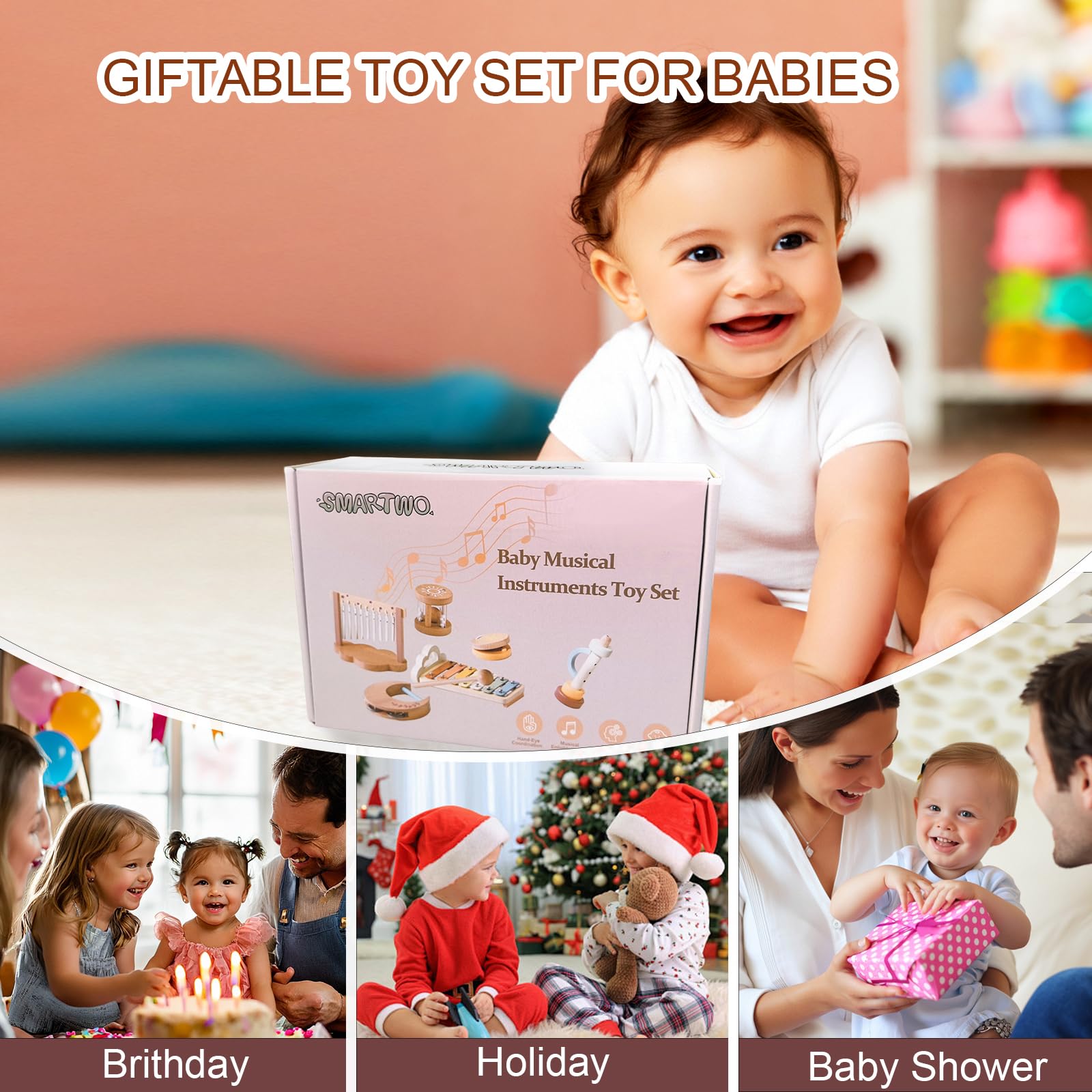 Musikinstrumente für Kinder ab 1 2 3 Jahre, Montessori Baby Musikspielzeug, Musik Instrumente Holzspielzeug Set mit Xylophon Flöte Kastagnette, Geschenk für Mädchen Jungen Kleinkind