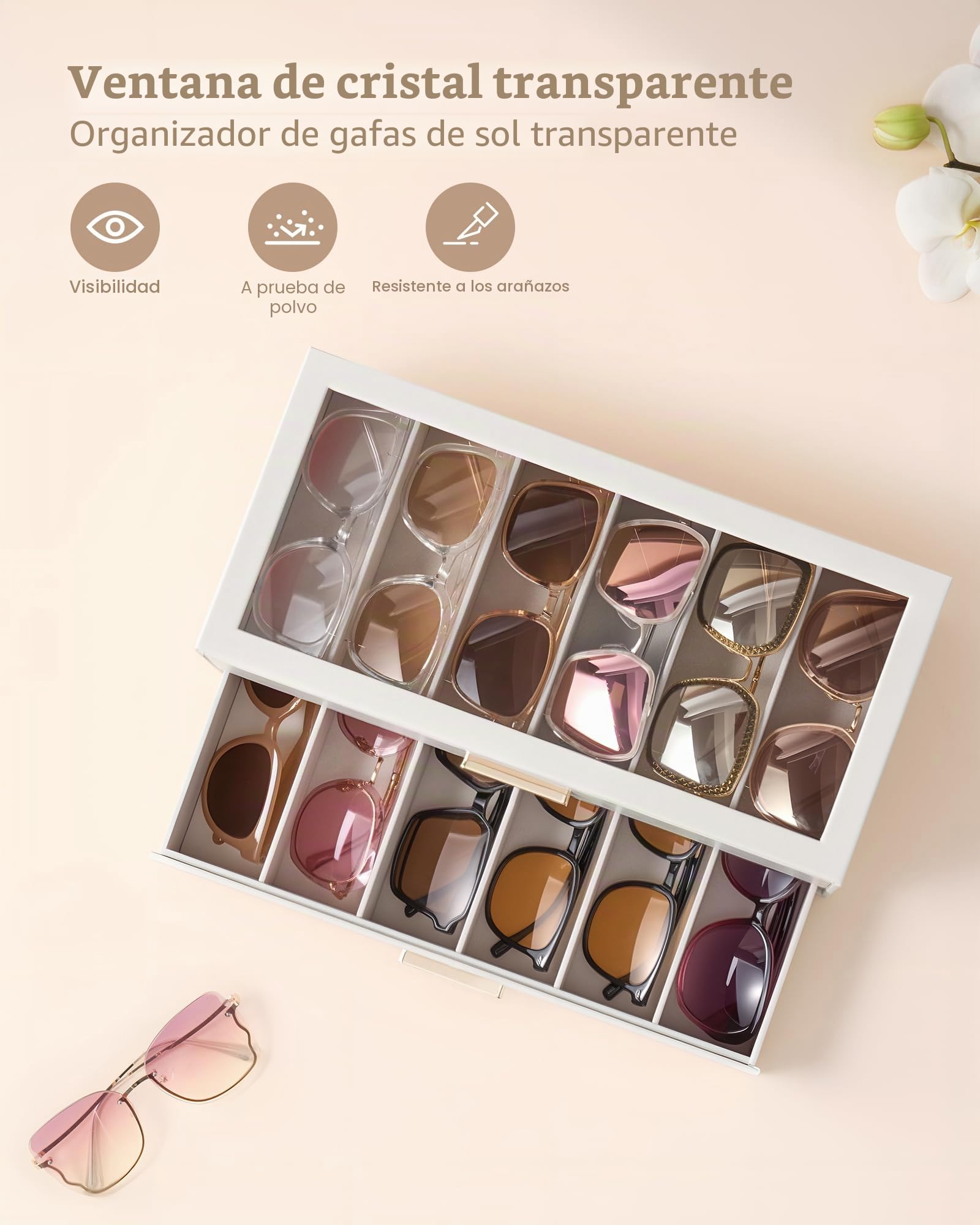 Lolalet 6 Relojes Estuche para gafas de sol para mujer, organizador de gafas con tapa transparente y expositor -Beige