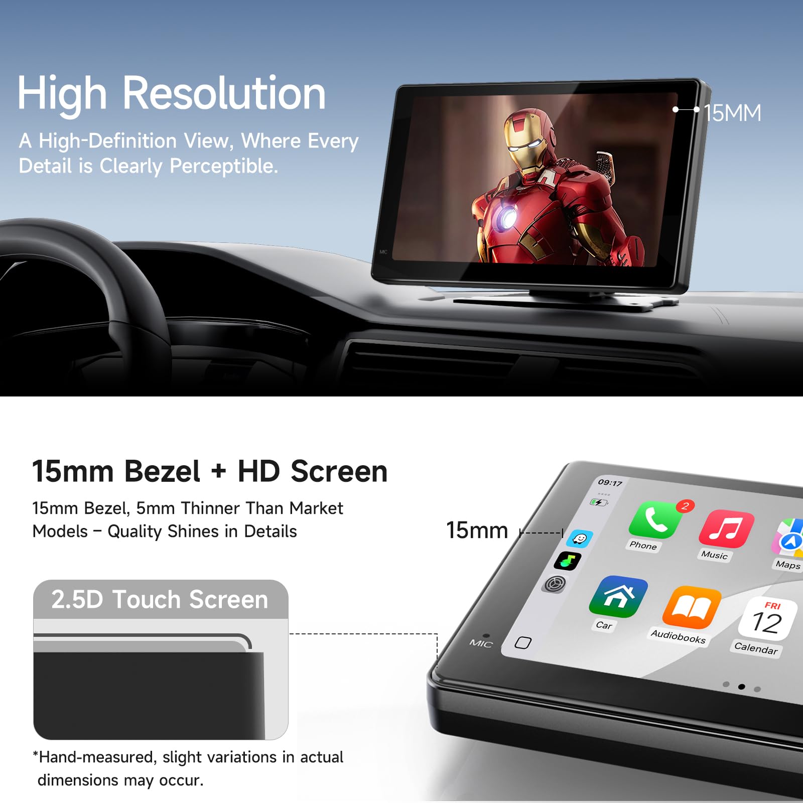 Haudio Car Stereo 7Calowy Ekran Carplay dla Apple i Android Auto,Przenośny Odtwarzacz Samochodowy Tylną Kamerą 1080P,Odtwarzacz Samochodowy ze Sterowaniem Głosowym i Mirro Link do Wszystkich Pojazdów