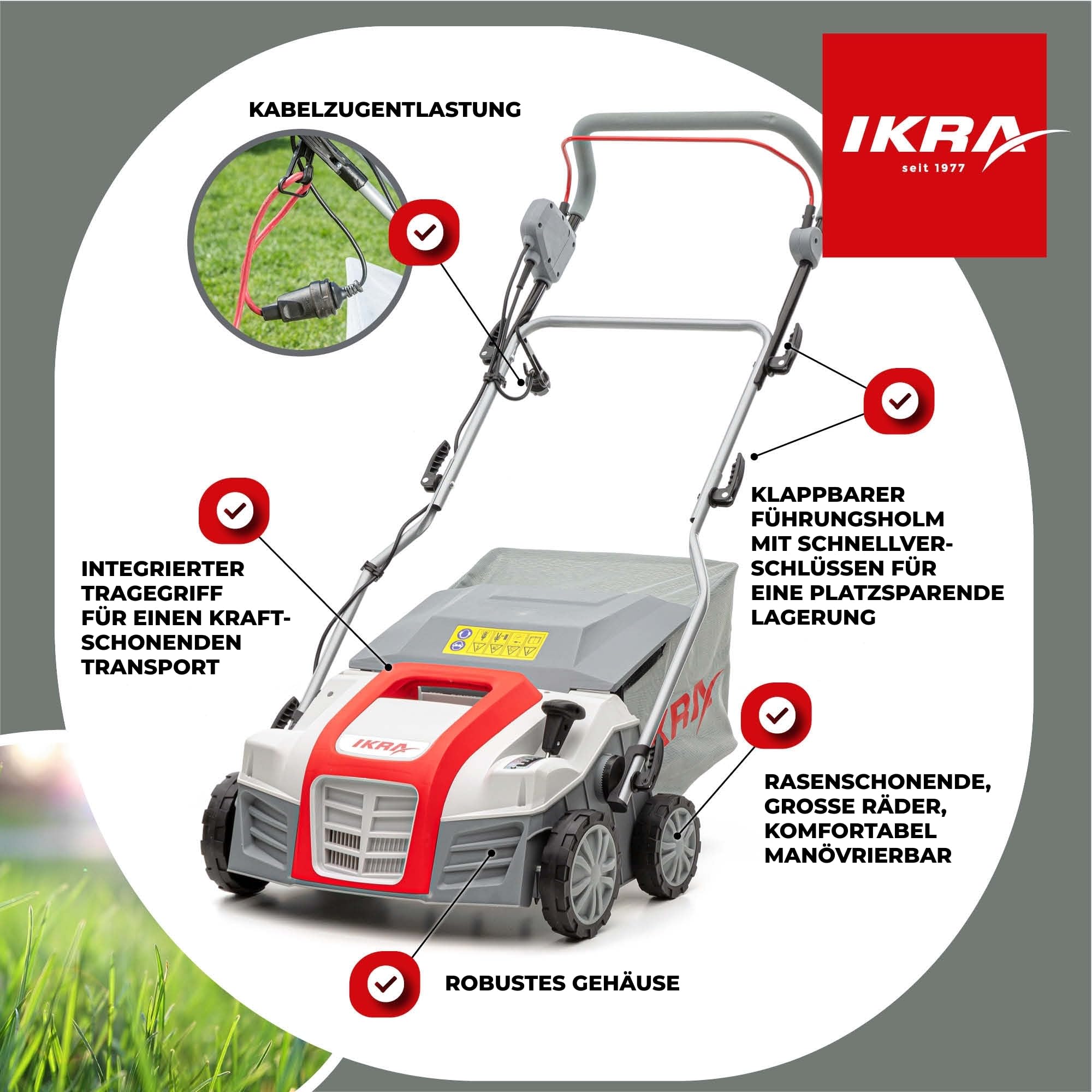 IKRA Elektro Vertikutierer Rasenlüfter IEVL 2000, Arbeitsbreite 40cm, 2000W | Fangkorb 55l, Arbeitstiefe +6 bis –12 mm, werkzeugloser Walzenwechsel, 2in1 Gerät lässt sich auch ohne Fangbehältnis nutzen