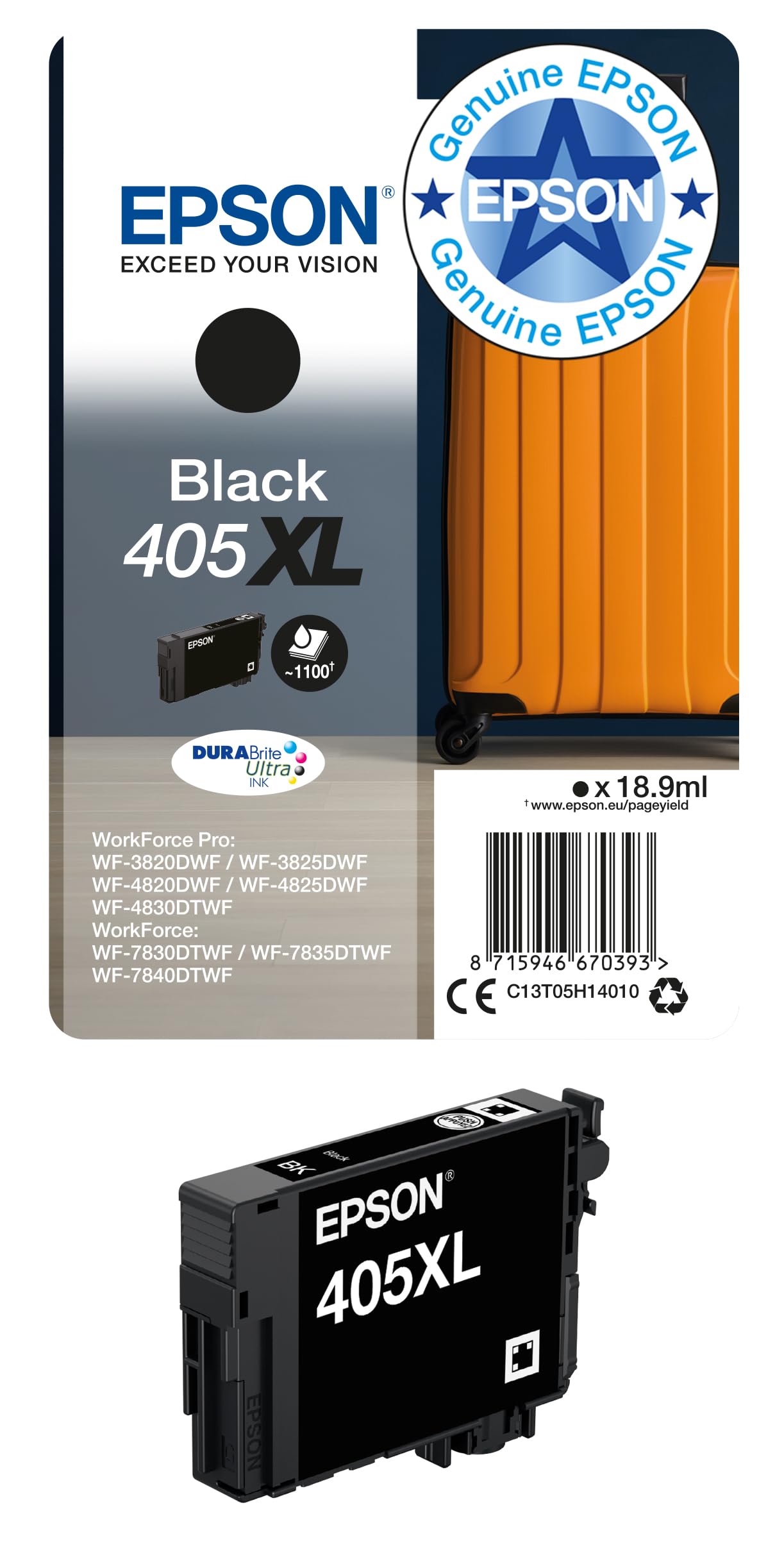 EpsonEpson 405XL Black Suitcase High Yield Genuine, DURABrite Ultra Ink,XL High Capacity