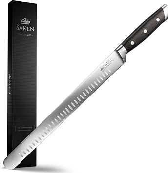 Saken 12-inch Granton Edge Slicing Knife - High-Carbon German Steel Carving Knife with Satin-Finished Black Ergonomic Handle - Multipurpose Slicing Kitchen Knife for Meat, Fish, Brisket, Veggies