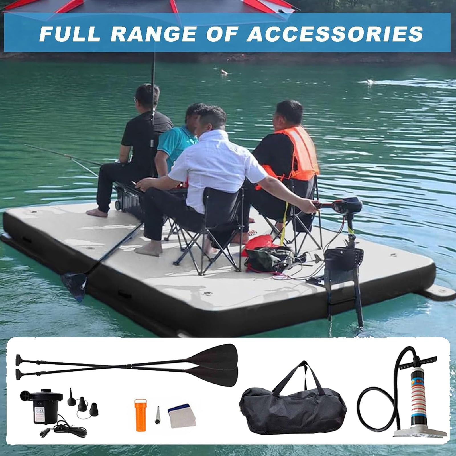 Plataforma Pesca Inflable y Plegable 2 m, con Paredes reforzadas 30 cm y Capacidad 200 kg (440 LB); Plataforma Flotante para Lagos, Ampliable con Soporte para Motor, Kit Completo.